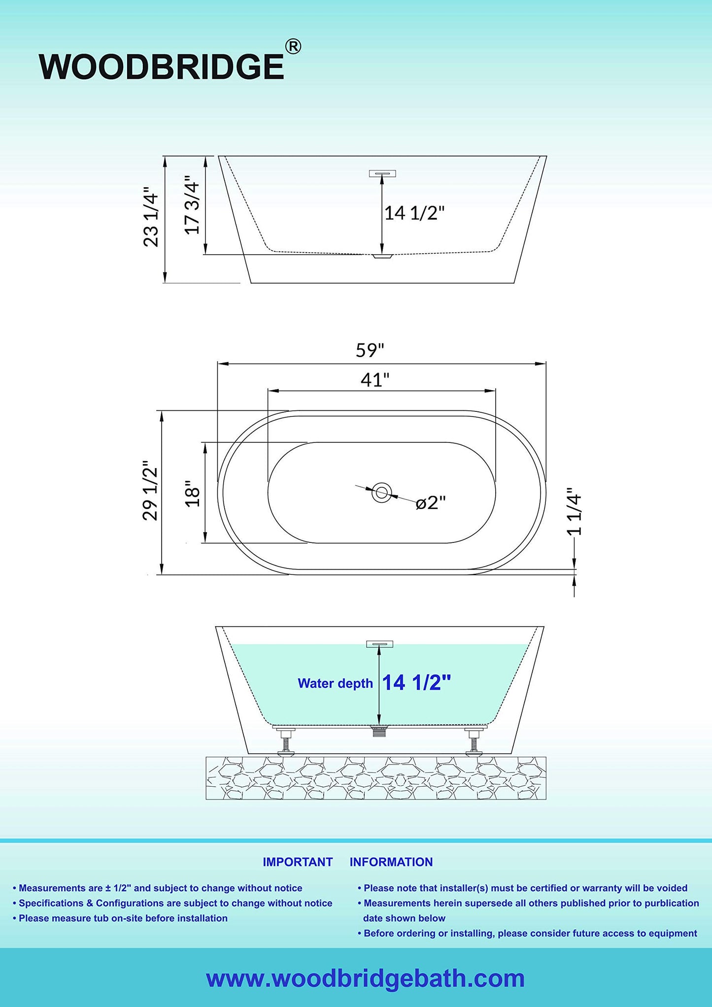 WOODBRIDGE 59" Acrylic Freestanding Bathtub Contemporary Soaking White Tub with Brushed Nickel Overflow and Drain,B0014 -B/N-Drain &O