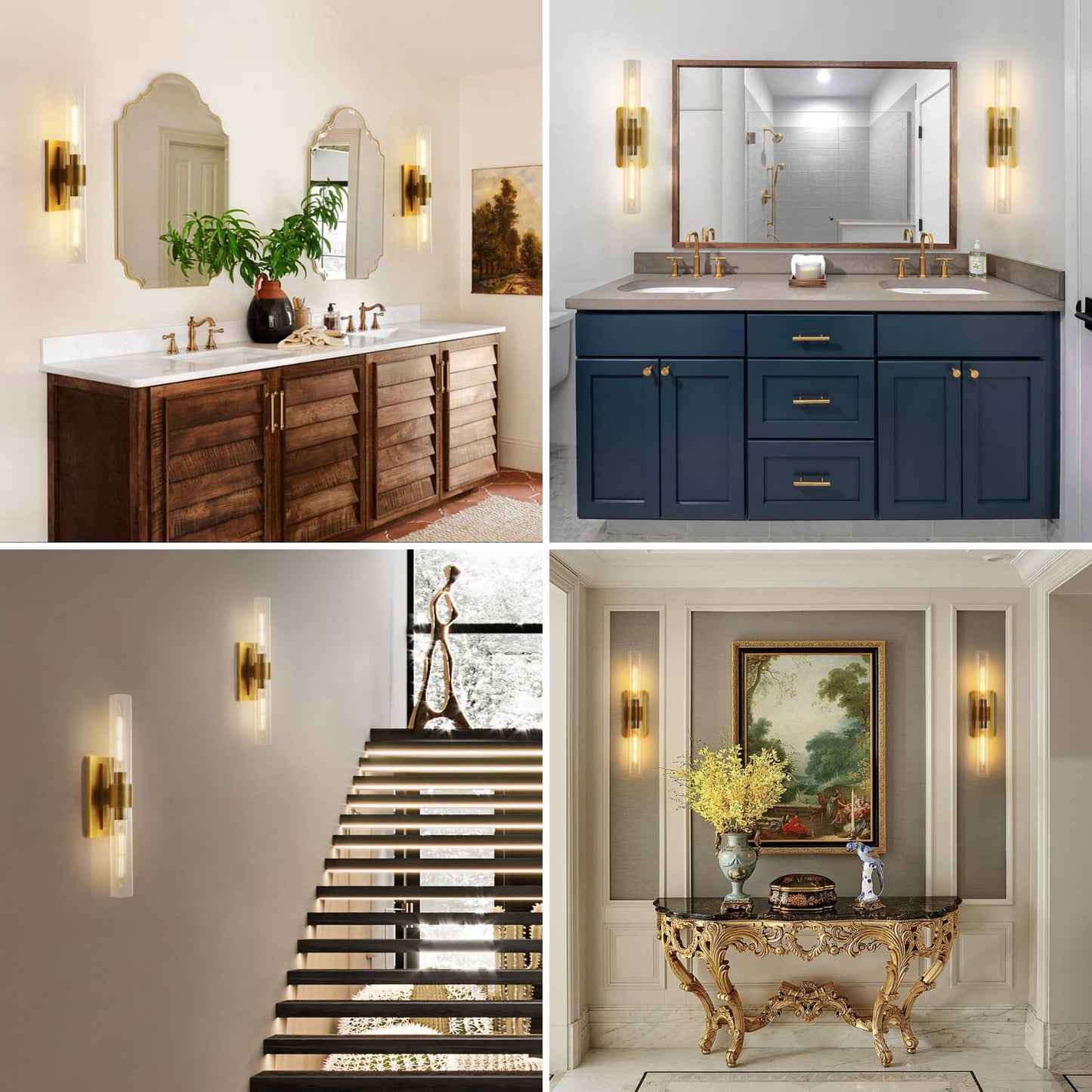 Brass Wall Sconces Set of Two, 22.8" Sconces Wall Lighting 2-Light, Gold Bathroom Vanity Wall Sconces, Glass Tube Wall Sconces, Indoor Wall Sconces for Bathroom, Bedroom, Vanity, Hallway