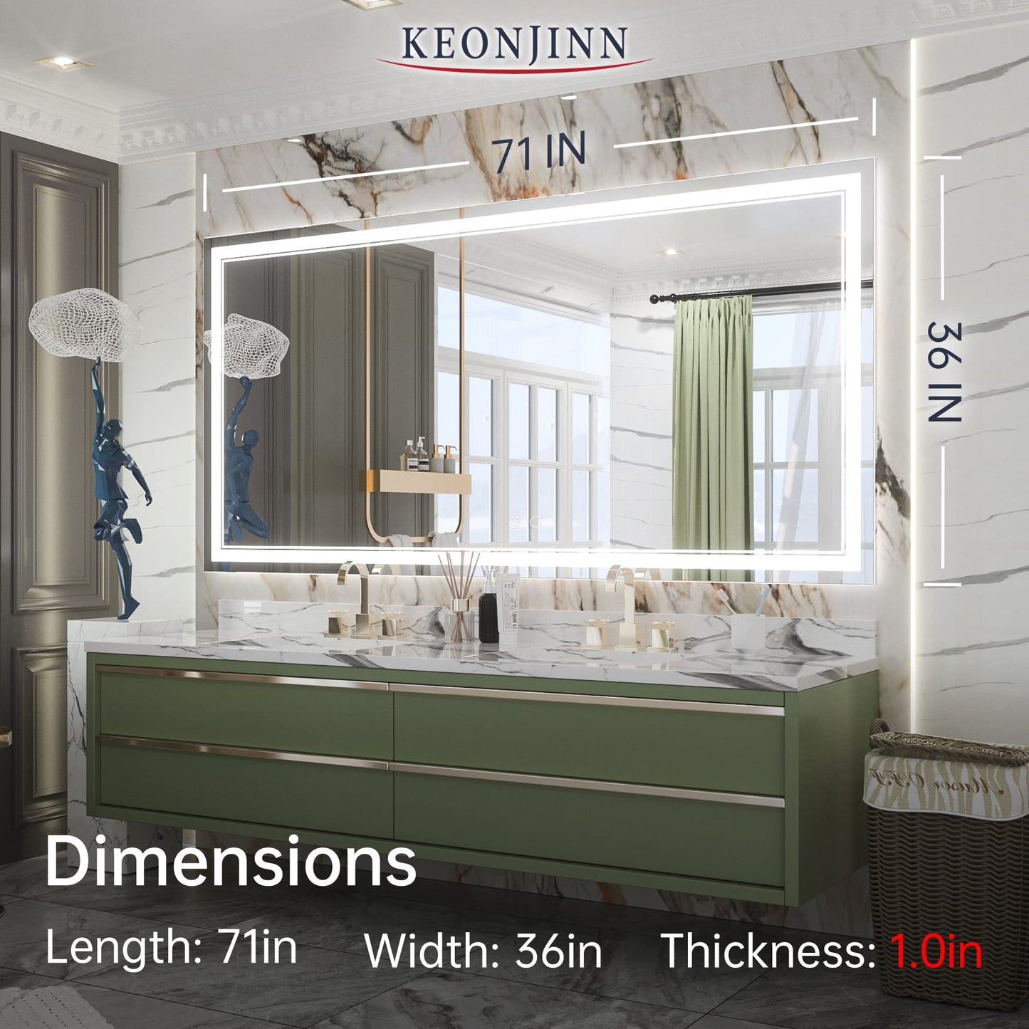 Keonjinn LED Bathroom Mirror 55 x 30 Inch Large Bathroom Mirror with Front Lights Lighted Vanity Mirror Wall Mounted Makeup Mirror Anti-Fog Dimmable Tempered Glass (Horizontal/Vertical)