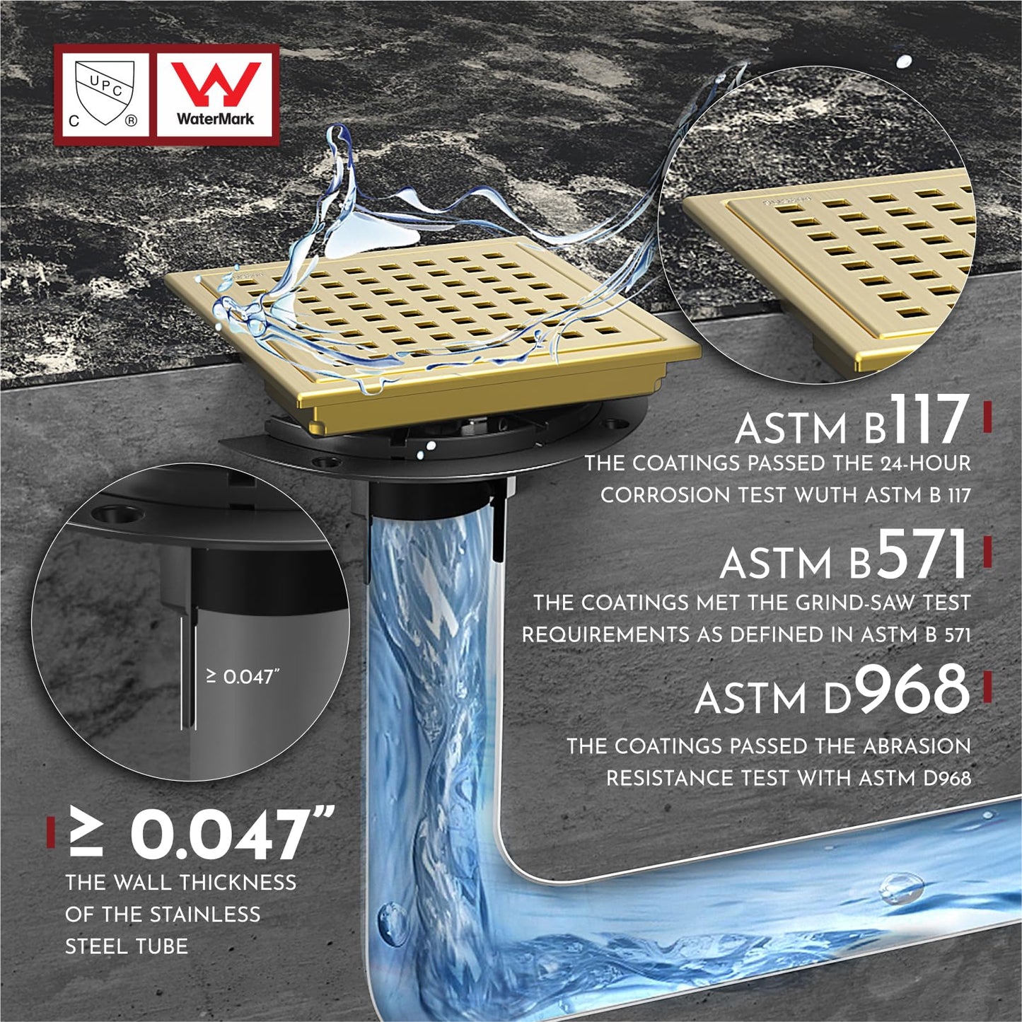 6 Inch Square Shower Floor Drain with Flange,Quadrato Pattern Grate Removable,Food-grade SUS 304 Stainless Steel,WATERMARK&CUPC Certified, Brushed Gold