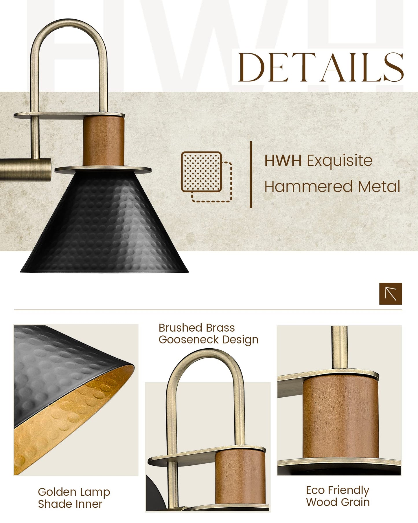 Modern Wall Sconces Set of Two, HWH Industrial Sconce Wall Lighting Indoor Wall Lamp, Gooseneck 1-Light Barn Vanity Light, Hammered Metal Shade, Black and Gold Finish, 5HZG74B-2 BK+BG