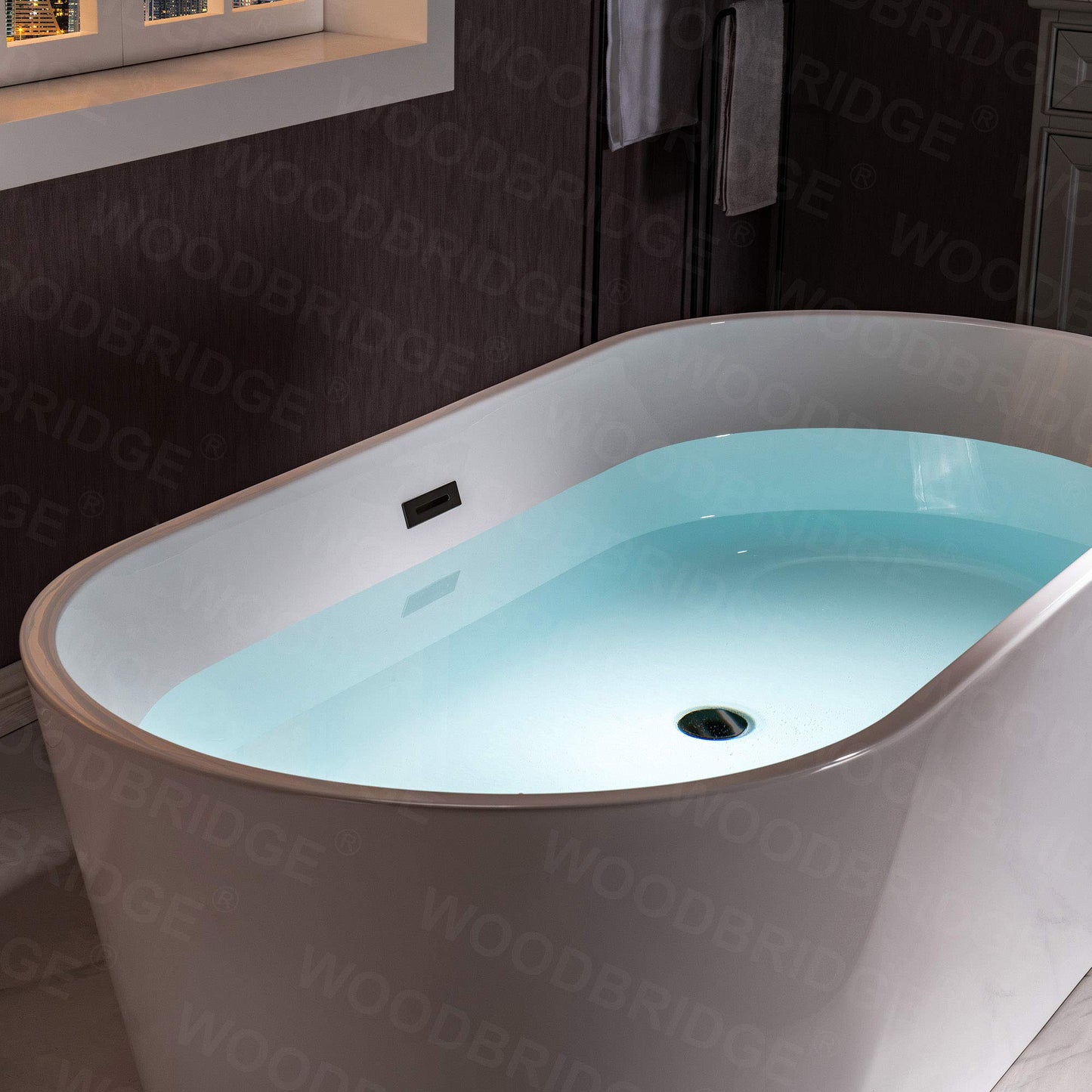 WOODBRIDGE 59" Acrylic Freestanding Bathtub Contemporary Soaking White Tub with Brushed Nickel Overflow and Drain,B0014 -B/N-Drain &O