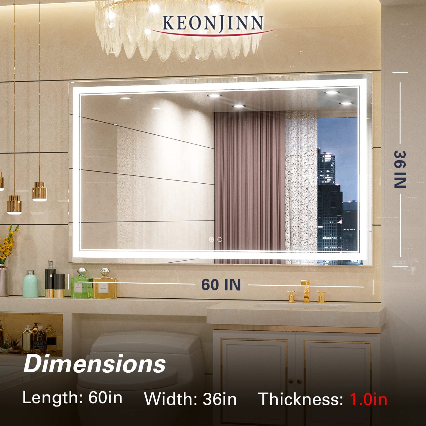 Keonjinn LED Bathroom Mirror 55 x 30 Inch Large Bathroom Mirror with Front Lights Lighted Vanity Mirror Wall Mounted Makeup Mirror Anti-Fog Dimmable Tempered Glass (Horizontal/Vertical)