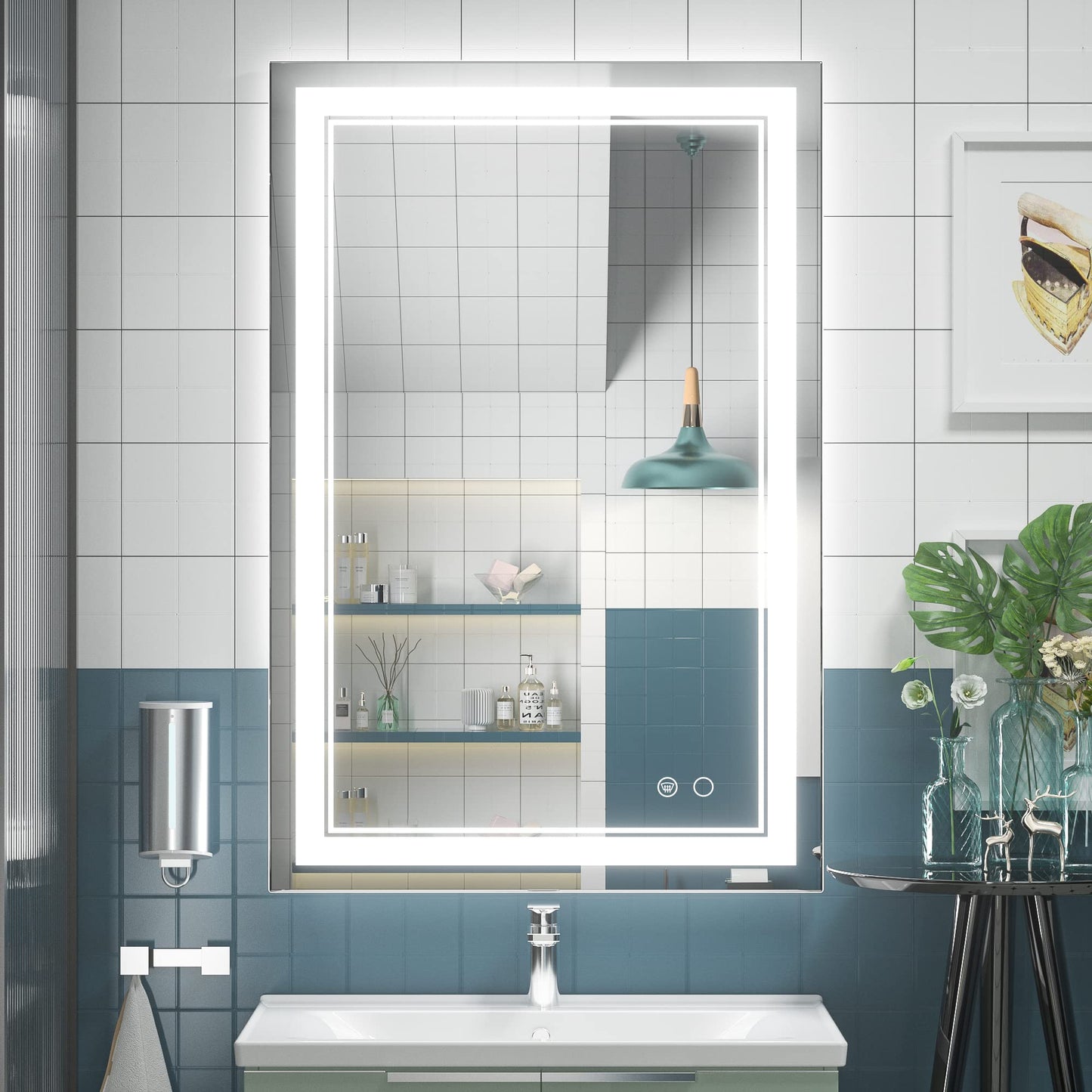 Keonjinn LED Bathroom Mirror 55 x 30 Inch Large Bathroom Mirror with Front Lights Lighted Vanity Mirror Wall Mounted Makeup Mirror Anti-Fog Dimmable Tempered Glass (Horizontal/Vertical)