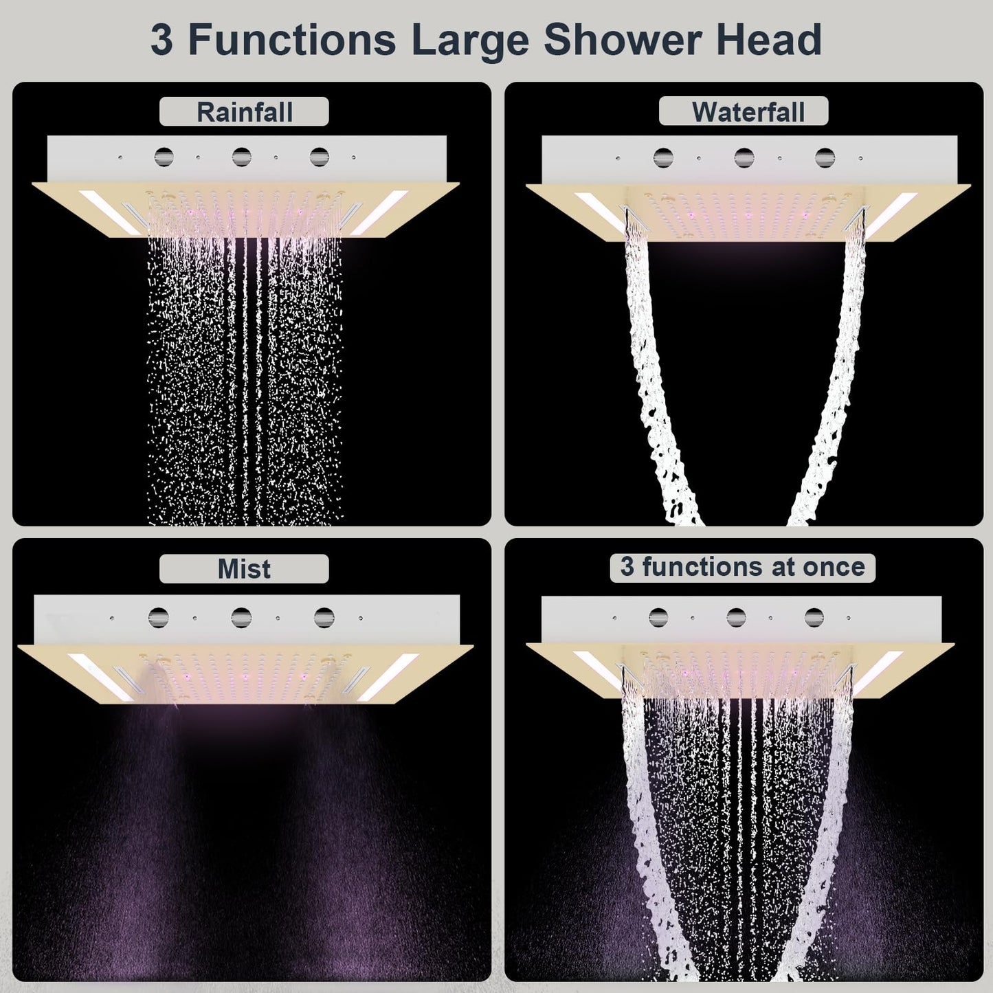 HOMEDEC 14x20inch Shower Head with 3 Functions Rainfall Waterfall Mist, High-Pressure Rainfall Spray Waterfall Shower Water Filter, Brushed Gold