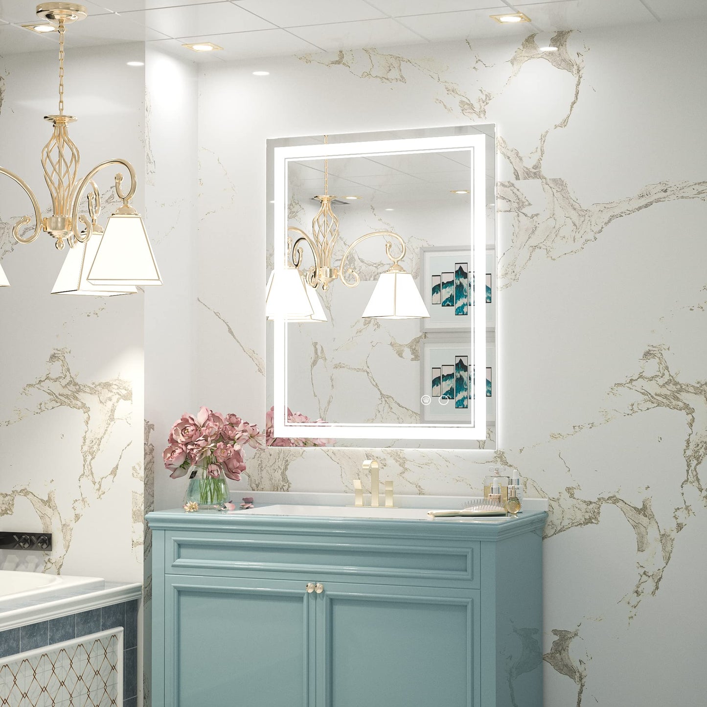 Keonjinn LED Bathroom Mirror 55 x 30 Inch Large Bathroom Mirror with Front Lights Lighted Vanity Mirror Wall Mounted Makeup Mirror Anti-Fog Dimmable Tempered Glass (Horizontal/Vertical)