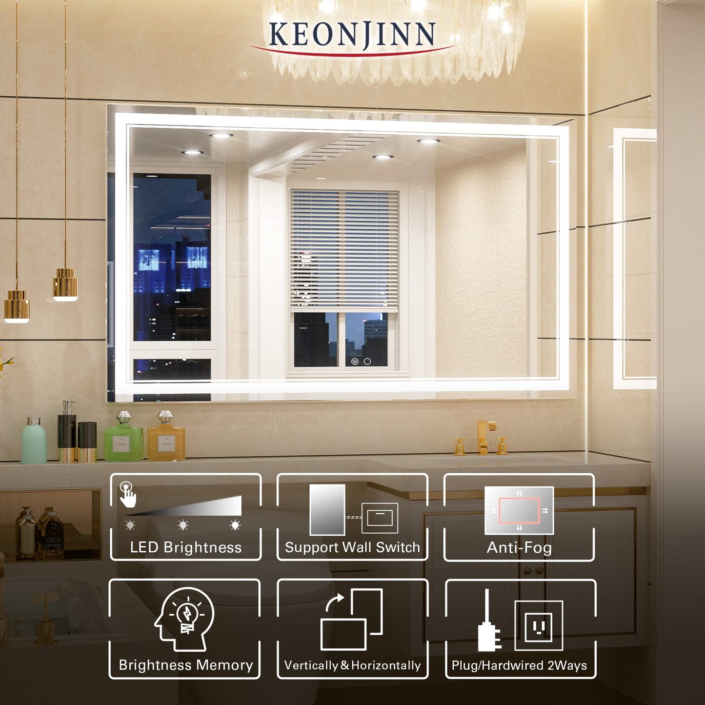 Keonjinn LED Bathroom Mirror 55 x 30 Inch Large Bathroom Mirror with Front Lights Lighted Vanity Mirror Wall Mounted Makeup Mirror Anti-Fog Dimmable Tempered Glass (Horizontal/Vertical)