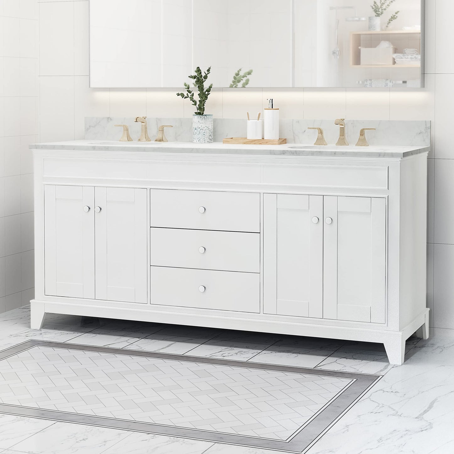 LUMISOL 72" Double Sink Bathroom Vanity with Marble Top, Solid Wood Bathroom Vanity with 3 Drawers and 4 Doors, Italian Carrara Bathroom Vanities with Double Ceramic Sink Set & Backsplash, White
