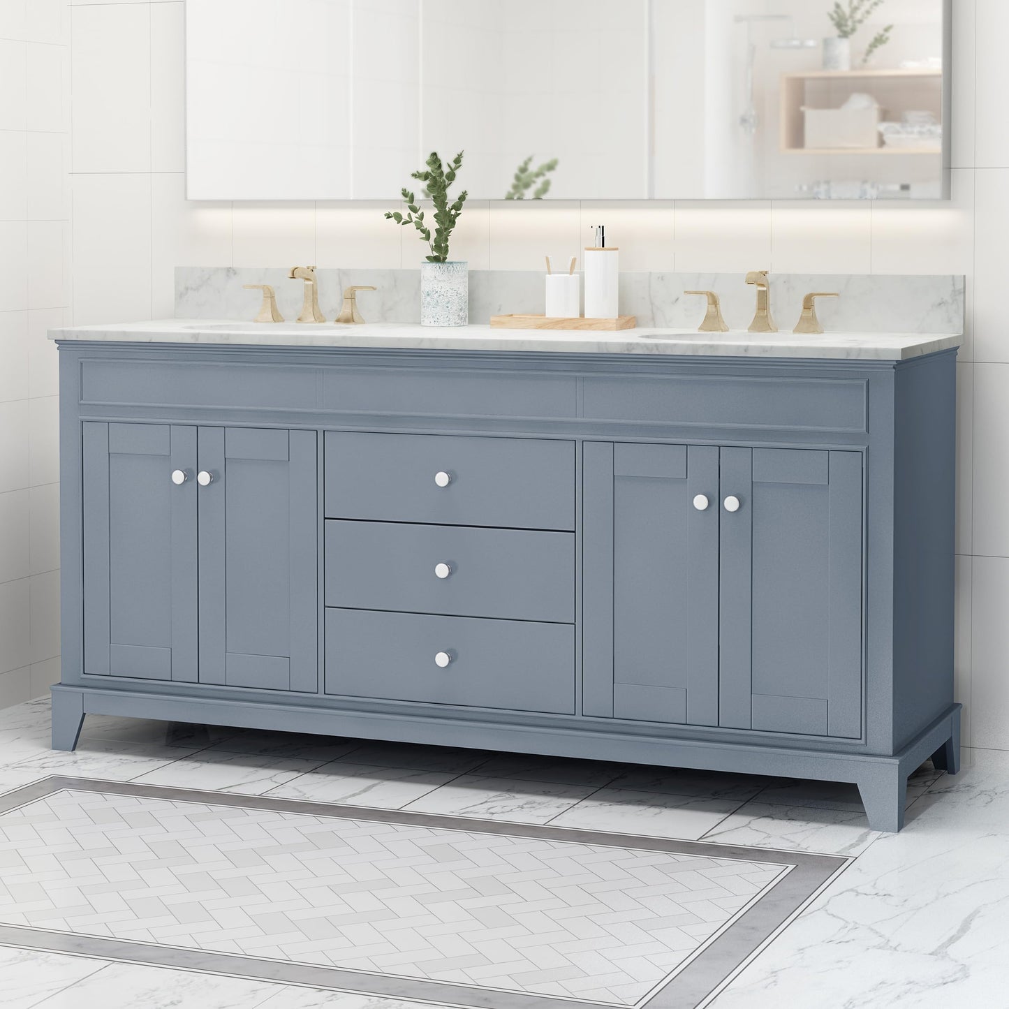 LUMISOL 72" Double Sink Bathroom Vanity with Marble Top, Solid Wood Bathroom Vanity with 3 Drawers and 4 Doors, Italian Carrara Bathroom Vanities with Double Ceramic Sink Set & Backsplash, White