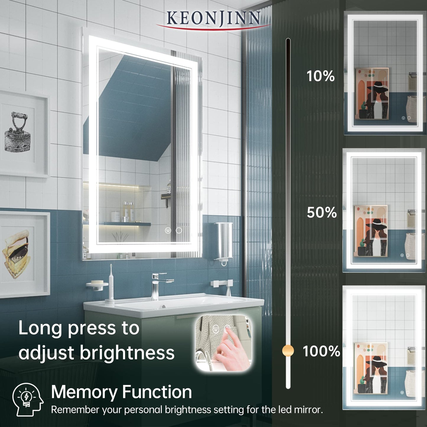 Keonjinn LED Bathroom Mirror 55 x 30 Inch Large Bathroom Mirror with Front Lights Lighted Vanity Mirror Wall Mounted Makeup Mirror Anti-Fog Dimmable Tempered Glass (Horizontal/Vertical)