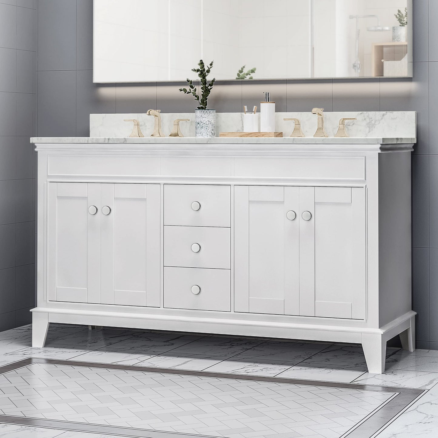 LUMISOL 72" Double Sink Bathroom Vanity with Marble Top, Solid Wood Bathroom Vanity with 3 Drawers and 4 Doors, Italian Carrara Bathroom Vanities with Double Ceramic Sink Set & Backsplash, White