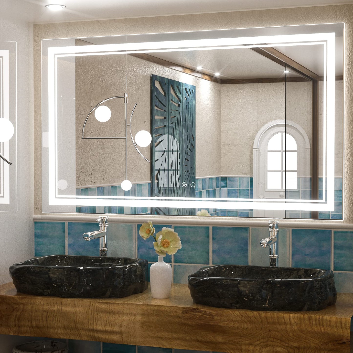 Keonjinn LED Bathroom Mirror 55 x 30 Inch Large Bathroom Mirror with Front Lights Lighted Vanity Mirror Wall Mounted Makeup Mirror Anti-Fog Dimmable Tempered Glass (Horizontal/Vertical)