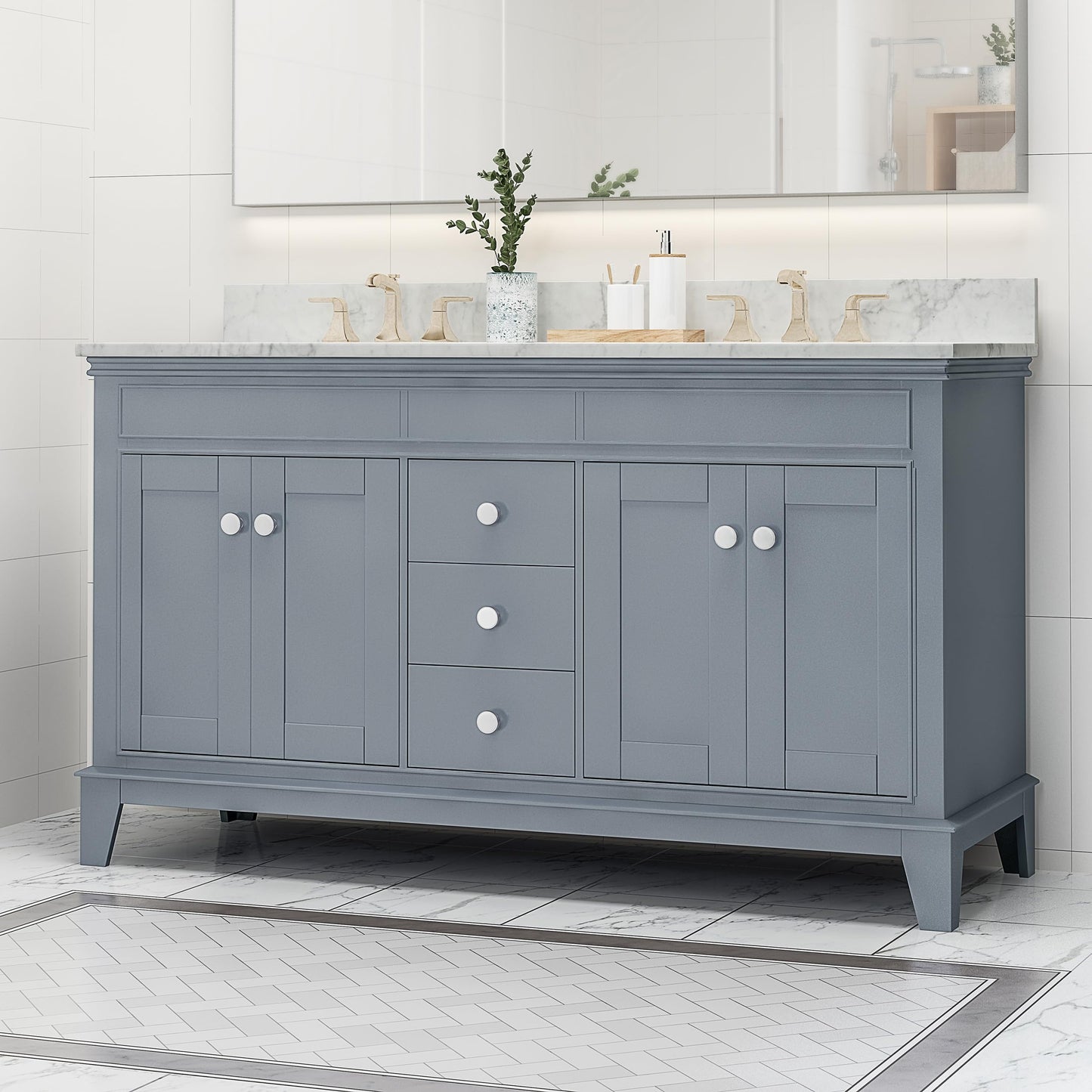 LUMISOL 72" Double Sink Bathroom Vanity with Marble Top, Solid Wood Bathroom Vanity with 3 Drawers and 4 Doors, Italian Carrara Bathroom Vanities with Double Ceramic Sink Set & Backsplash, White