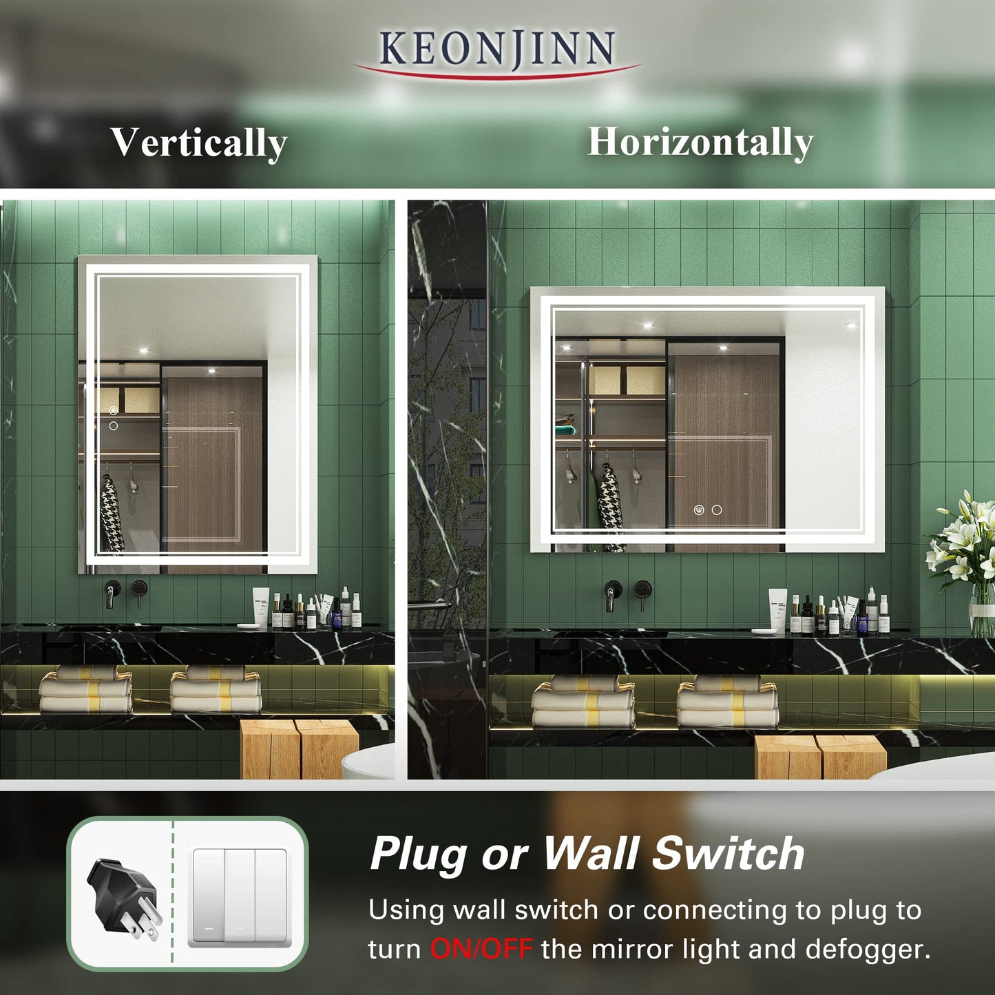 Keonjinn LED Bathroom Mirror 55 x 30 Inch Large Bathroom Mirror with Front Lights Lighted Vanity Mirror Wall Mounted Makeup Mirror Anti-Fog Dimmable Tempered Glass (Horizontal/Vertical)