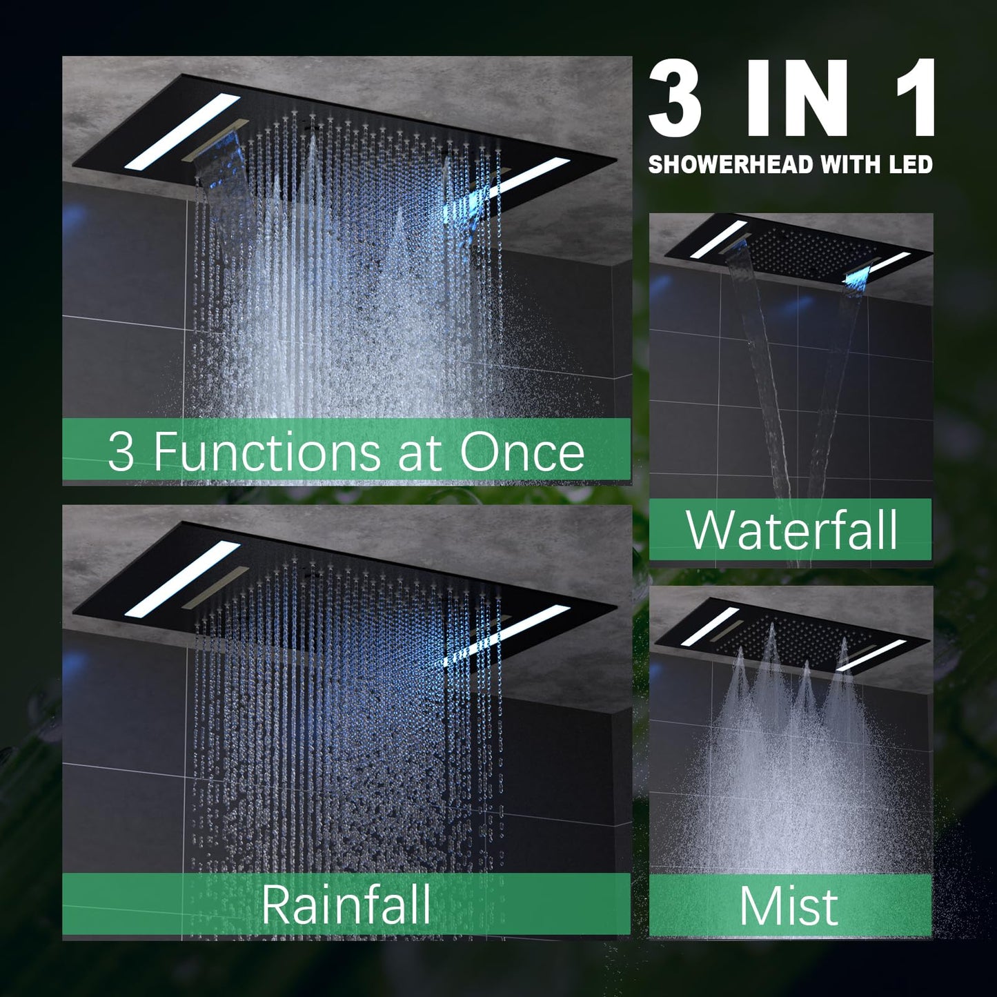HOMEDEC 14x20inch Shower Head with 3 Functions Rainfall Waterfall Mist, High-Pressure Rainfall Spray Waterfall Shower Water Filter, Brushed Gold