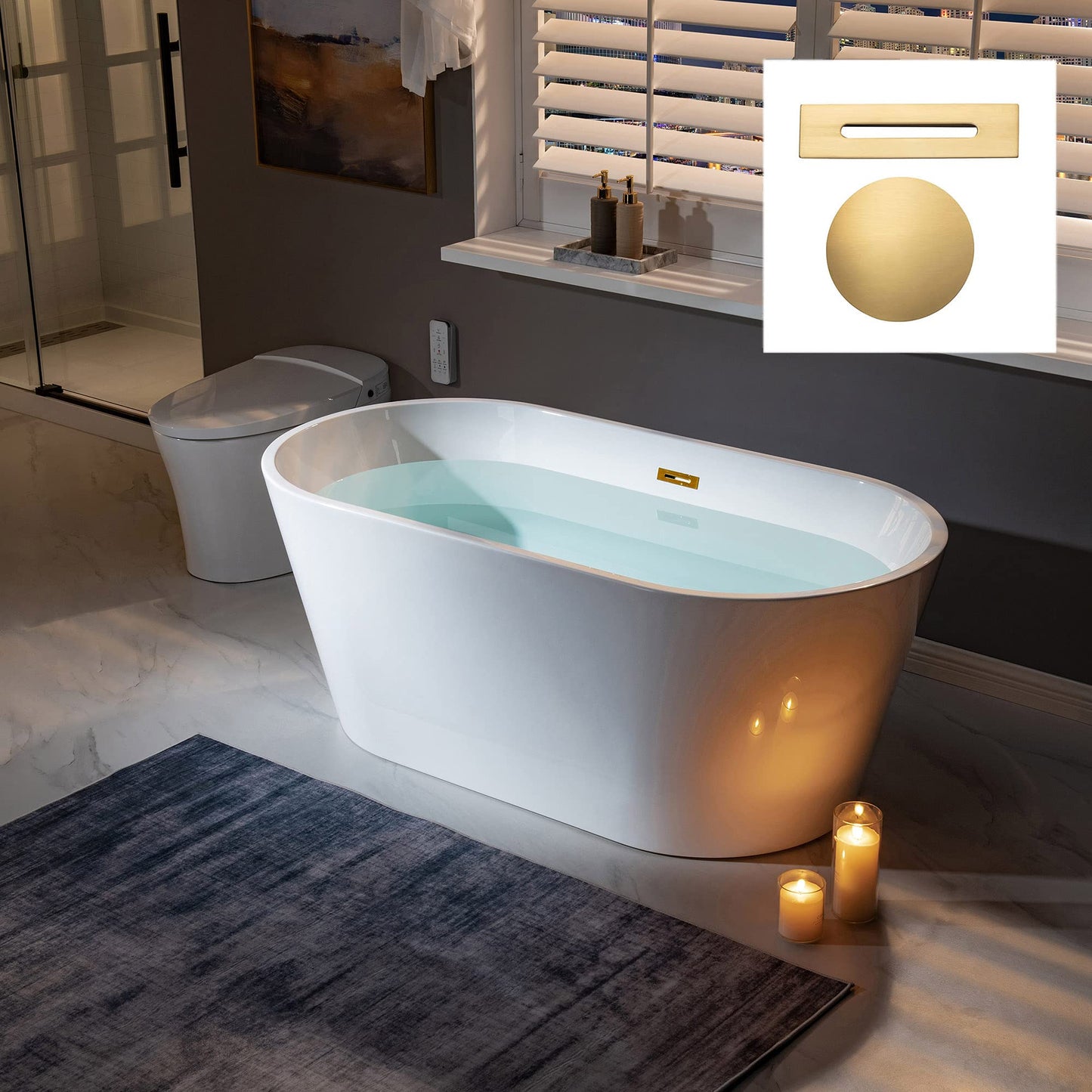 WOODBRIDGE 59" Acrylic Freestanding Bathtub Contemporary Soaking White Tub with Brushed Nickel Overflow and Drain,B0014 -B/N-Drain &O