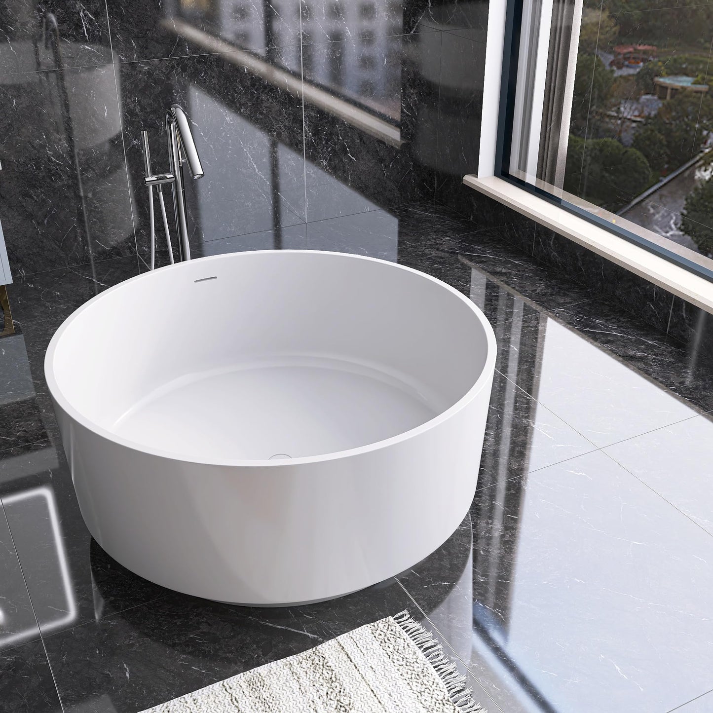 51'' Japanese Soaking Tub Freestanding Bathtub Resin Stone Bathtubs Deep soaking Tub with Overflow and Pop-up Drain - White
