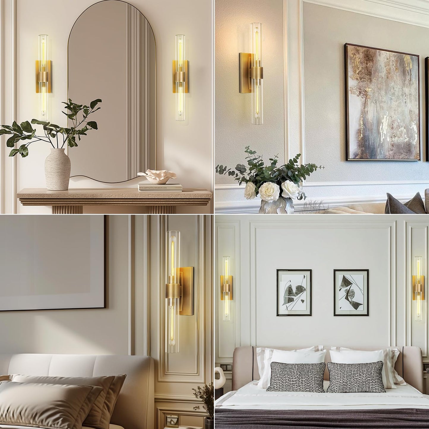 Brass Wall Sconces Set of Two, 22.8" Sconces Wall Lighting 2-Light, Gold Bathroom Vanity Wall Sconces, Glass Tube Wall Sconces, Indoor Wall Sconces for Bathroom, Bedroom, Vanity, Hallway