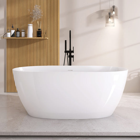 GETPRO Free Standing Tub 59" Acrylic Freestanding Bathtub Upgraded Stand Alone Soaking Tub with Integrated Slotted Overflow and Removable Anti-clogging Drain Glossy White