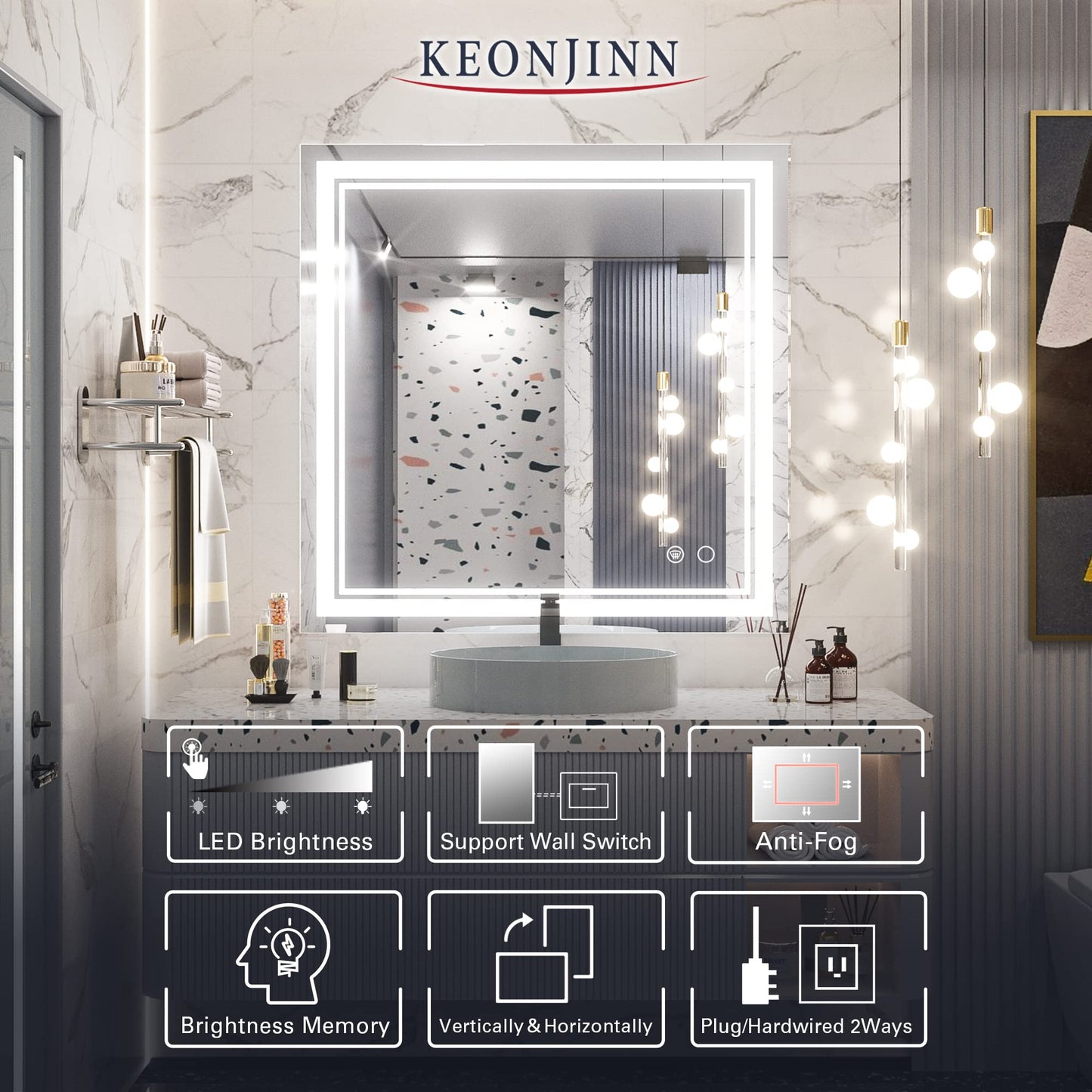 Keonjinn LED Bathroom Mirror 55 x 30 Inch Large Bathroom Mirror with Front Lights Lighted Vanity Mirror Wall Mounted Makeup Mirror Anti-Fog Dimmable Tempered Glass (Horizontal/Vertical)