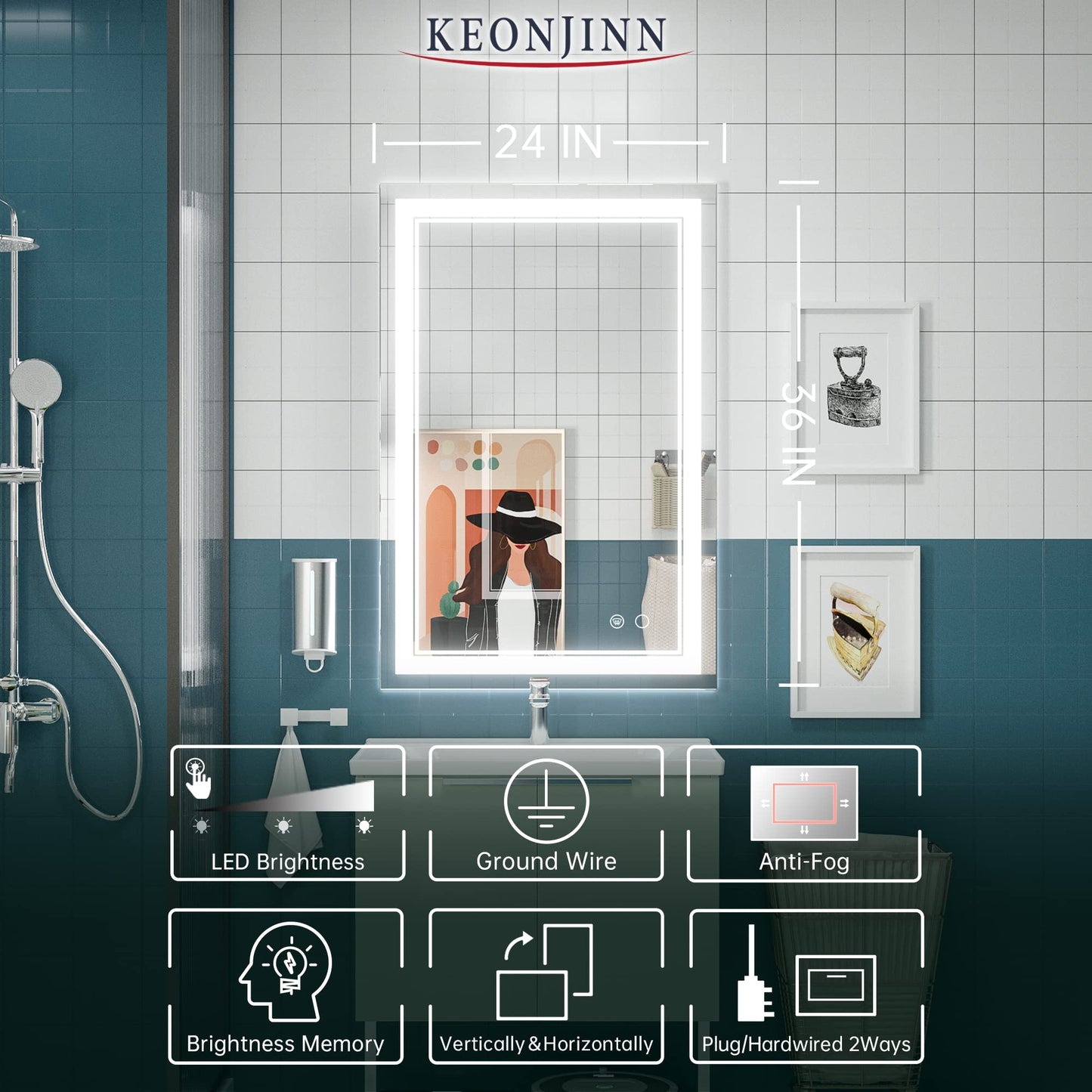 Keonjinn LED Bathroom Mirror 55 x 30 Inch Large Bathroom Mirror with Front Lights Lighted Vanity Mirror Wall Mounted Makeup Mirror Anti-Fog Dimmable Tempered Glass (Horizontal/Vertical)