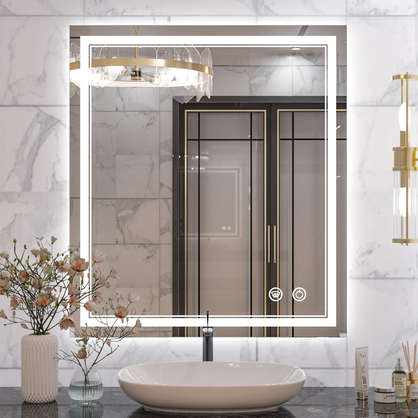 Keonjinn LED Bathroom Mirror 55 x 30 Inch Large Bathroom Mirror with Front Lights Lighted Vanity Mirror Wall Mounted Makeup Mirror Anti-Fog Dimmable Tempered Glass (Horizontal/Vertical)