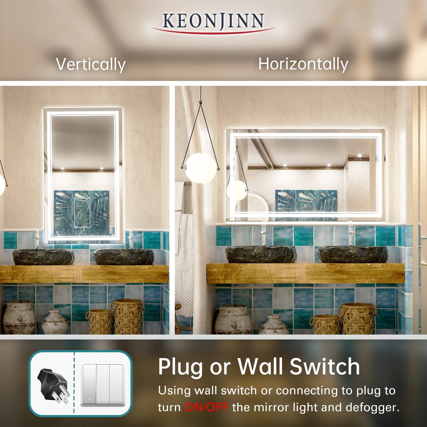 Keonjinn LED Bathroom Mirror 55 x 30 Inch Large Bathroom Mirror with Front Lights Lighted Vanity Mirror Wall Mounted Makeup Mirror Anti-Fog Dimmable Tempered Glass (Horizontal/Vertical)
