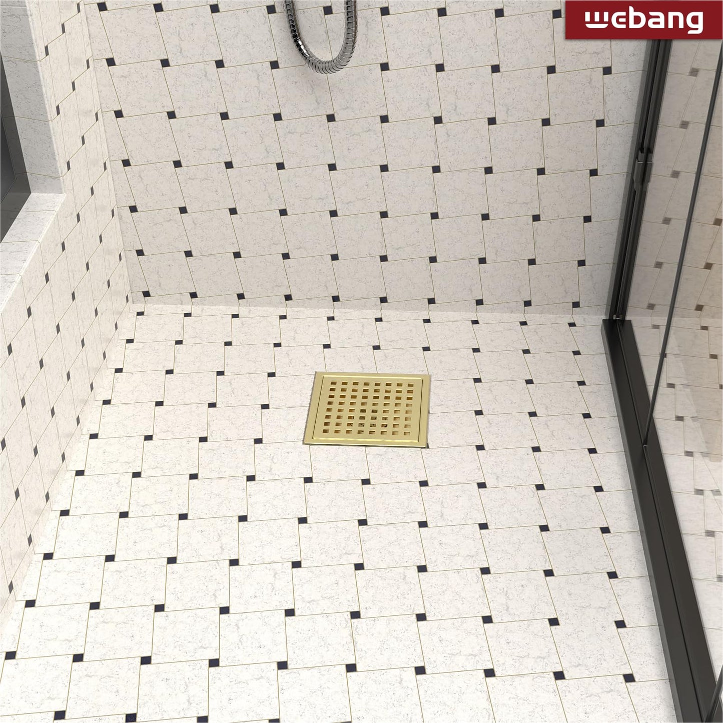 6 Inch Square Shower Floor Drain with Flange,Quadrato Pattern Grate Removable,Food-grade SUS 304 Stainless Steel,WATERMARK&CUPC Certified, Brushed Gold