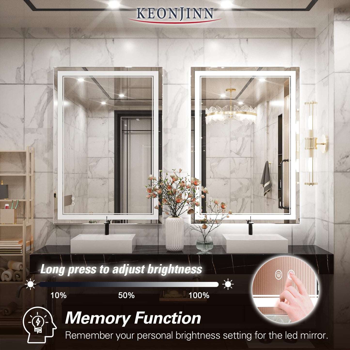 Keonjinn LED Bathroom Mirror 55 x 30 Inch Large Bathroom Mirror with Front Lights Lighted Vanity Mirror Wall Mounted Makeup Mirror Anti-Fog Dimmable Tempered Glass (Horizontal/Vertical)
