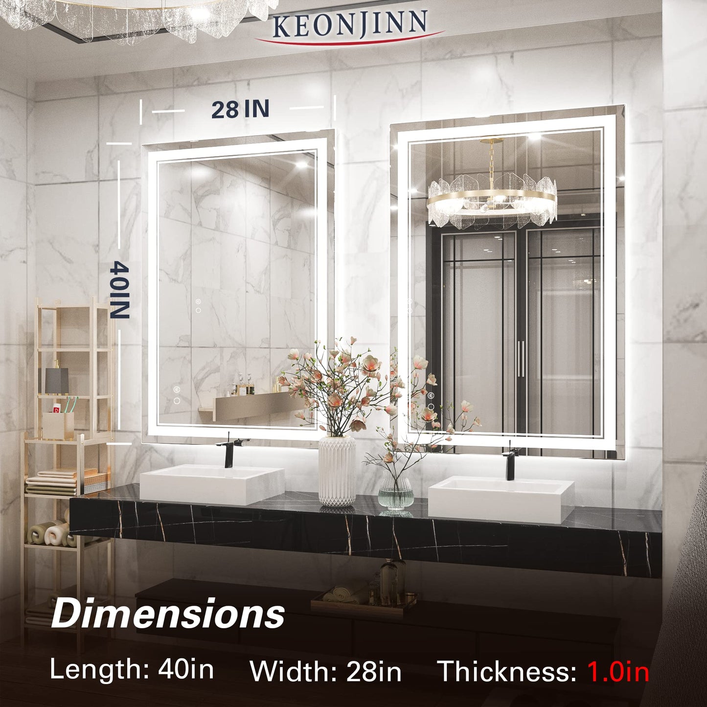 Keonjinn LED Bathroom Mirror 55 x 30 Inch Large Bathroom Mirror with Front Lights Lighted Vanity Mirror Wall Mounted Makeup Mirror Anti-Fog Dimmable Tempered Glass (Horizontal/Vertical)