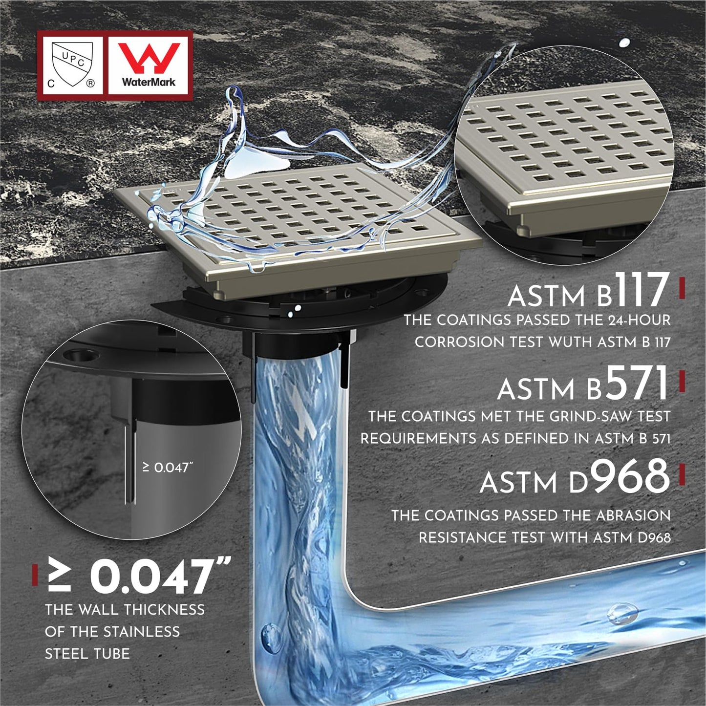 6 Inch Square Shower Floor Drain with Flange,Quadrato Pattern Grate Removable,Food-grade SUS 304 Stainless Steel,WATERMARK&CUPC Certified, Brushed Gold