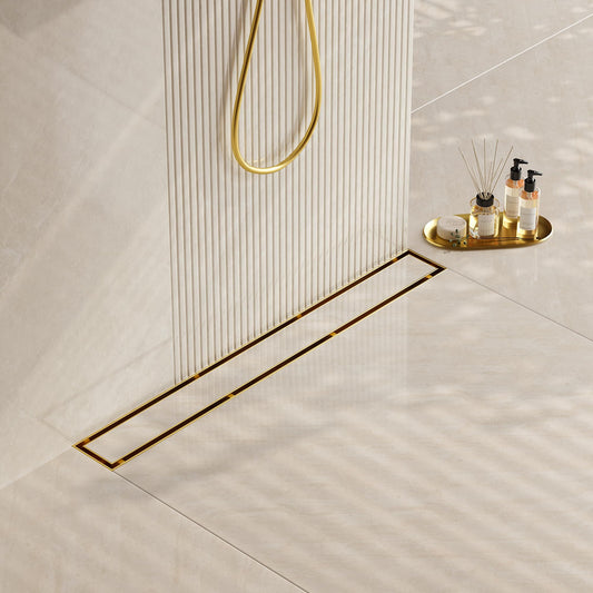 Neodrain 28-Inch Gold Linear Shower Drain, 2-in-1 Flat & Tile insert Cover, Stainless Steel Linear Drain, Brushed Brass Rectangle Shower Floor Drain with Hair Strainer, Watermark&CUPC Certified