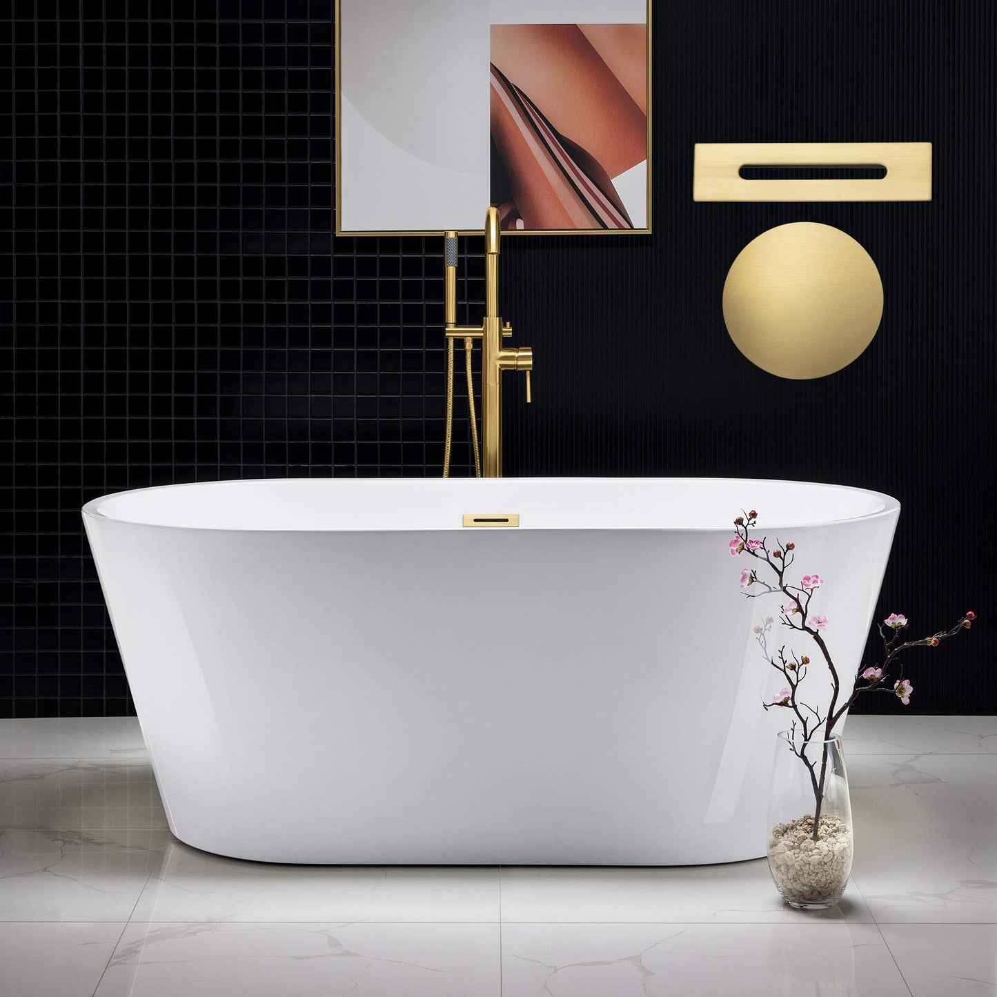 WOODBRIDGE 59" Acrylic Freestanding Bathtub Contemporary Soaking White Tub with Brushed Nickel Overflow and Drain,B0014 -B/N-Drain &O
