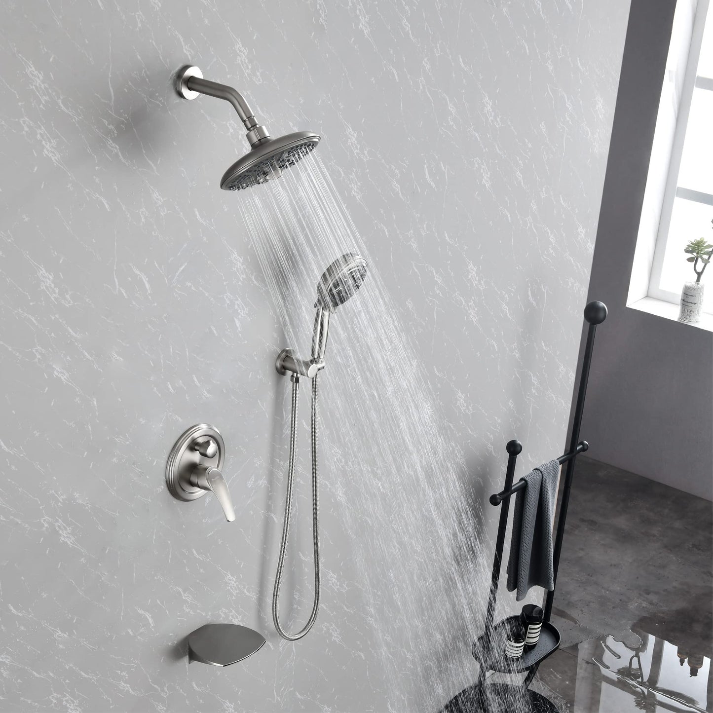 SHAMANDA Shower System with Waterfall Tub Spout and Handheld Shower Head, 12" Rain Shower Faucet Sets Complete with Shower Round-in Valve and Trim Wall Mount, Brushed Gold, L101-3