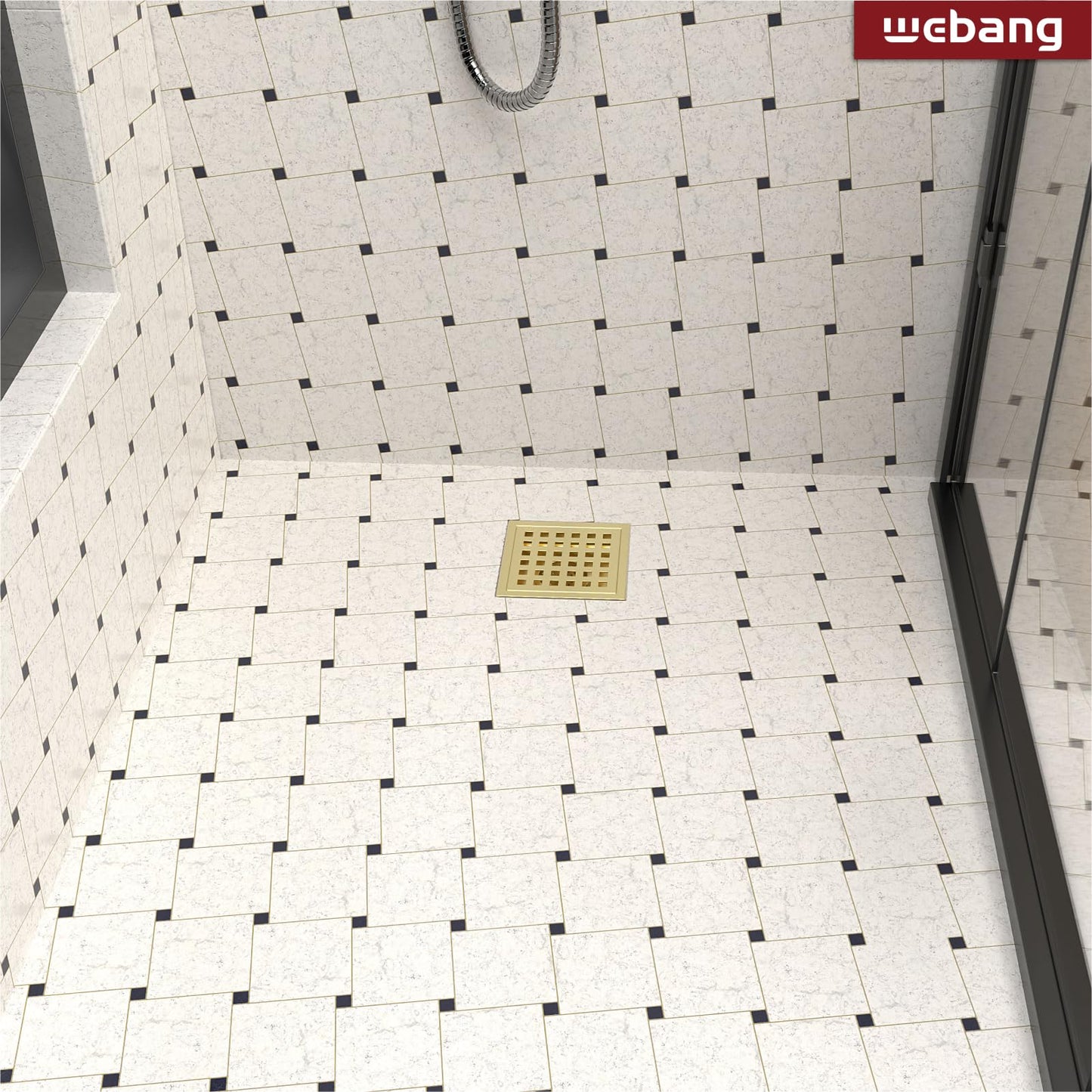 6 Inch Square Shower Floor Drain with Flange,Quadrato Pattern Grate Removable,Food-grade SUS 304 Stainless Steel,WATERMARK&CUPC Certified, Brushed Gold
