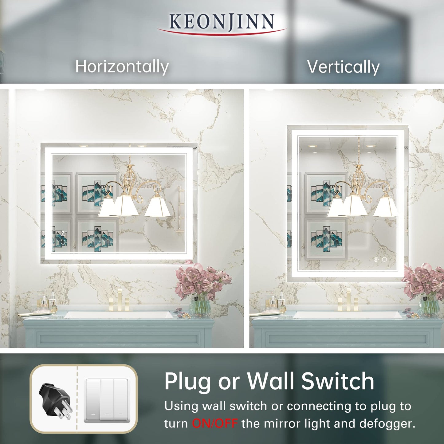 Keonjinn LED Bathroom Mirror 55 x 30 Inch Large Bathroom Mirror with Front Lights Lighted Vanity Mirror Wall Mounted Makeup Mirror Anti-Fog Dimmable Tempered Glass (Horizontal/Vertical)