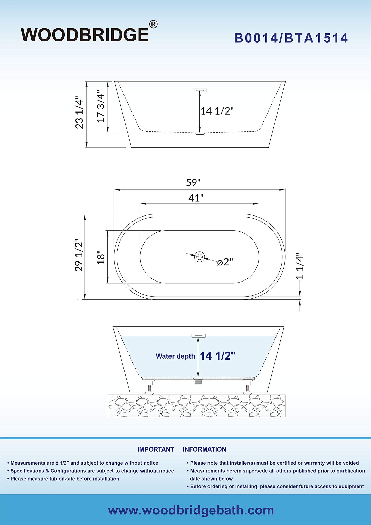 WOODBRIDGE 59" Acrylic Freestanding Bathtub Contemporary Soaking White Tub with Brushed Nickel Overflow and Drain,B0014 -B/N-Drain &O