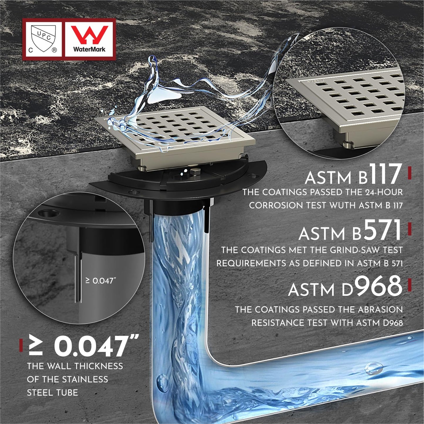 6 Inch Square Shower Floor Drain with Flange,Quadrato Pattern Grate Removable,Food-grade SUS 304 Stainless Steel,WATERMARK&CUPC Certified, Brushed Gold