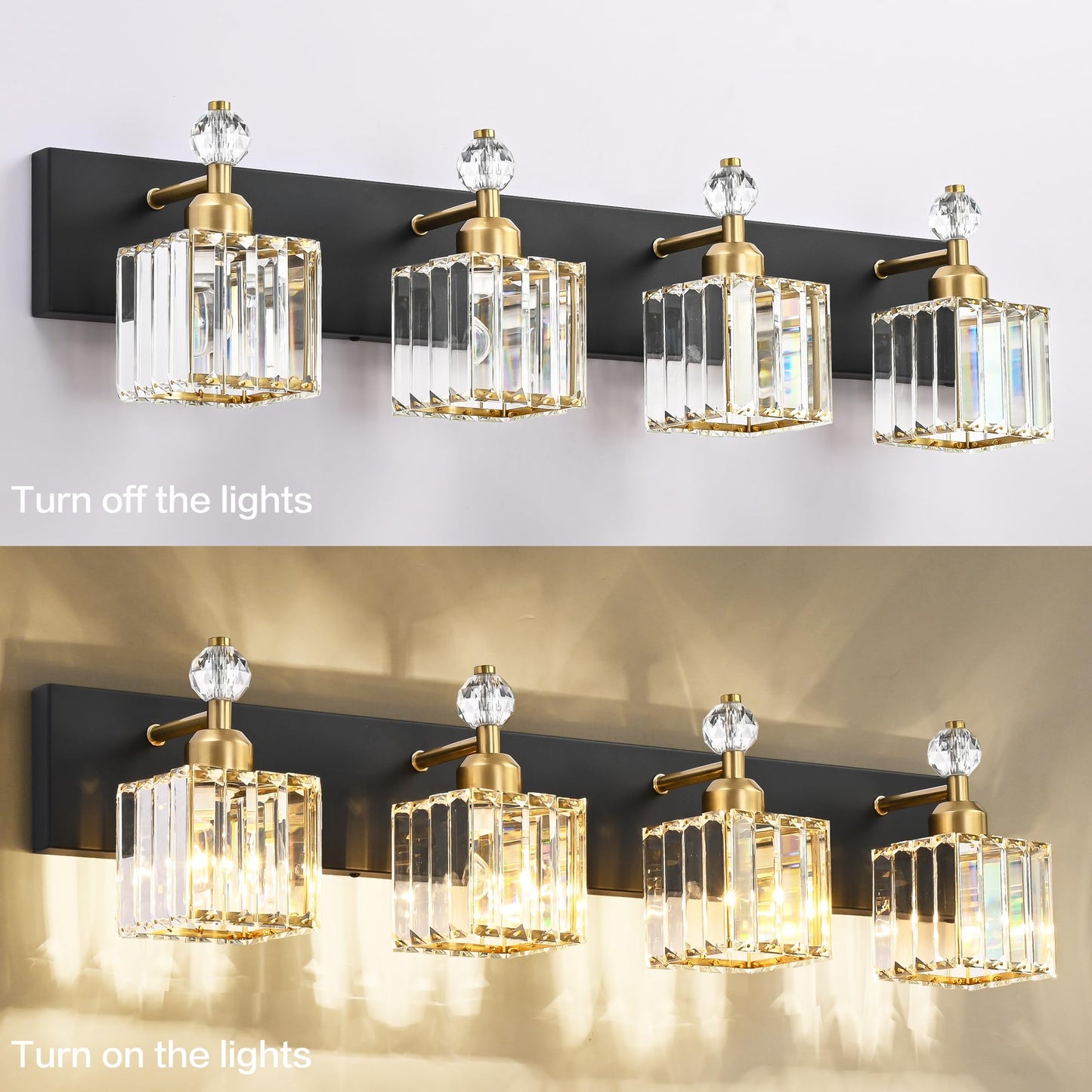 PRESDE Black Gold Crystal Bathroom Vanity Lights Fixtures Over Mirror Modern 3 Light Bath Wall Lighting