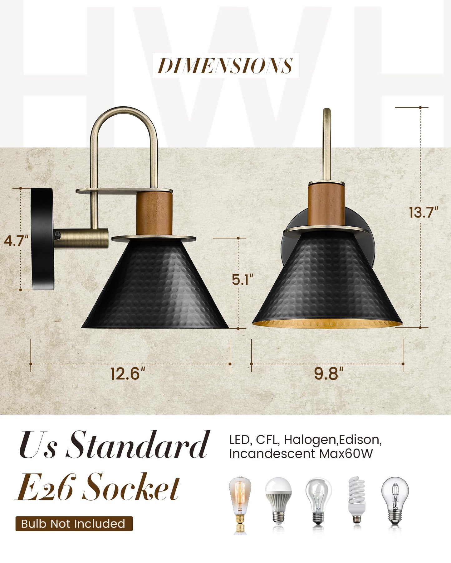 Modern Wall Sconces Set of Two, HWH Industrial Sconce Wall Lighting Indoor Wall Lamp, Gooseneck 1-Light Barn Vanity Light, Hammered Metal Shade, Black and Gold Finish, 5HZG74B-2 BK+BG