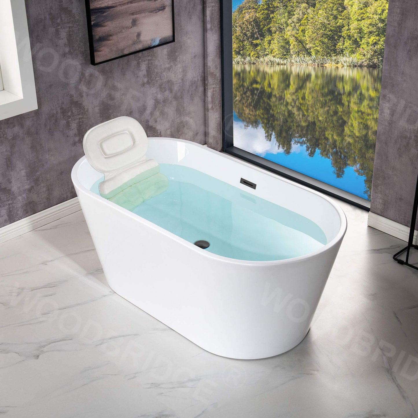 WOODBRIDGE 59" Acrylic Freestanding Bathtub Contemporary Soaking White Tub with Brushed Nickel Overflow and Drain,B0014 -B/N-Drain &O