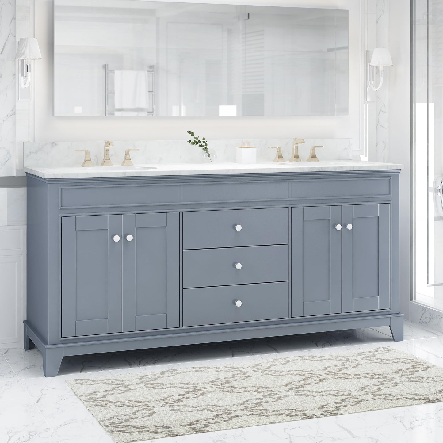 LUMISOL 72" Double Sink Bathroom Vanity with Marble Top, Solid Wood Bathroom Vanity with 3 Drawers and 4 Doors, Italian Carrara Bathroom Vanities with Double Ceramic Sink Set & Backsplash, White