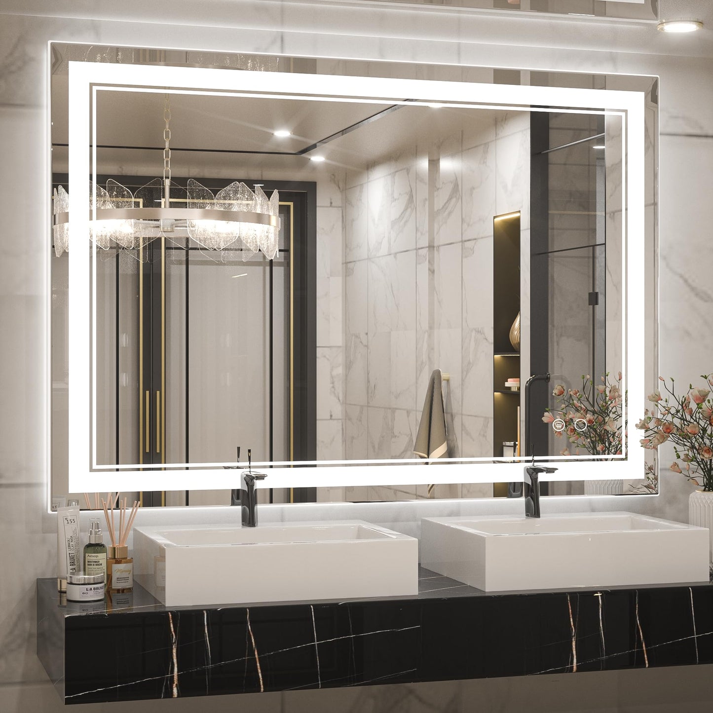 Keonjinn LED Bathroom Mirror 55 x 30 Inch Large Bathroom Mirror with Front Lights Lighted Vanity Mirror Wall Mounted Makeup Mirror Anti-Fog Dimmable Tempered Glass (Horizontal/Vertical)