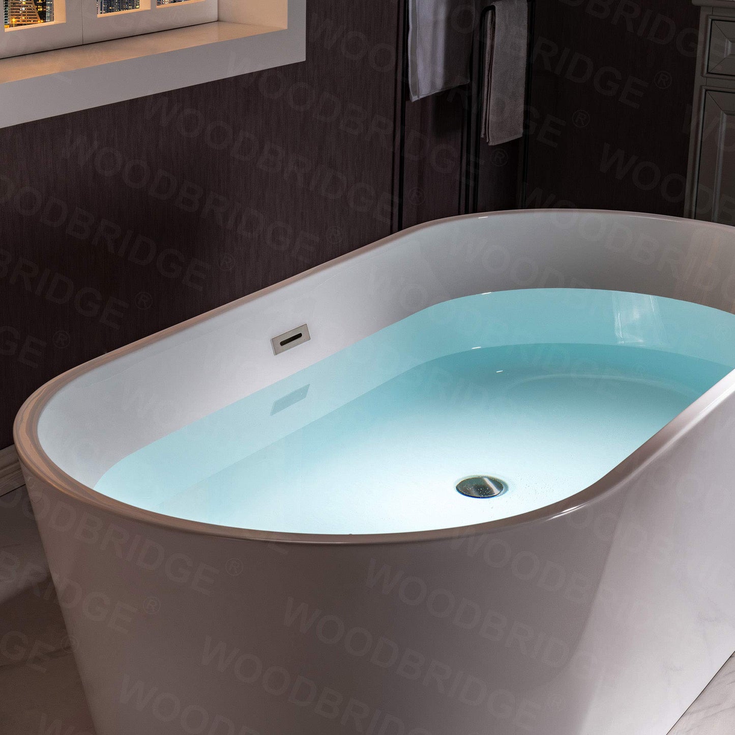WOODBRIDGE 59" Acrylic Freestanding Bathtub Contemporary Soaking White Tub with Brushed Nickel Overflow and Drain,B0014 -B/N-Drain &O