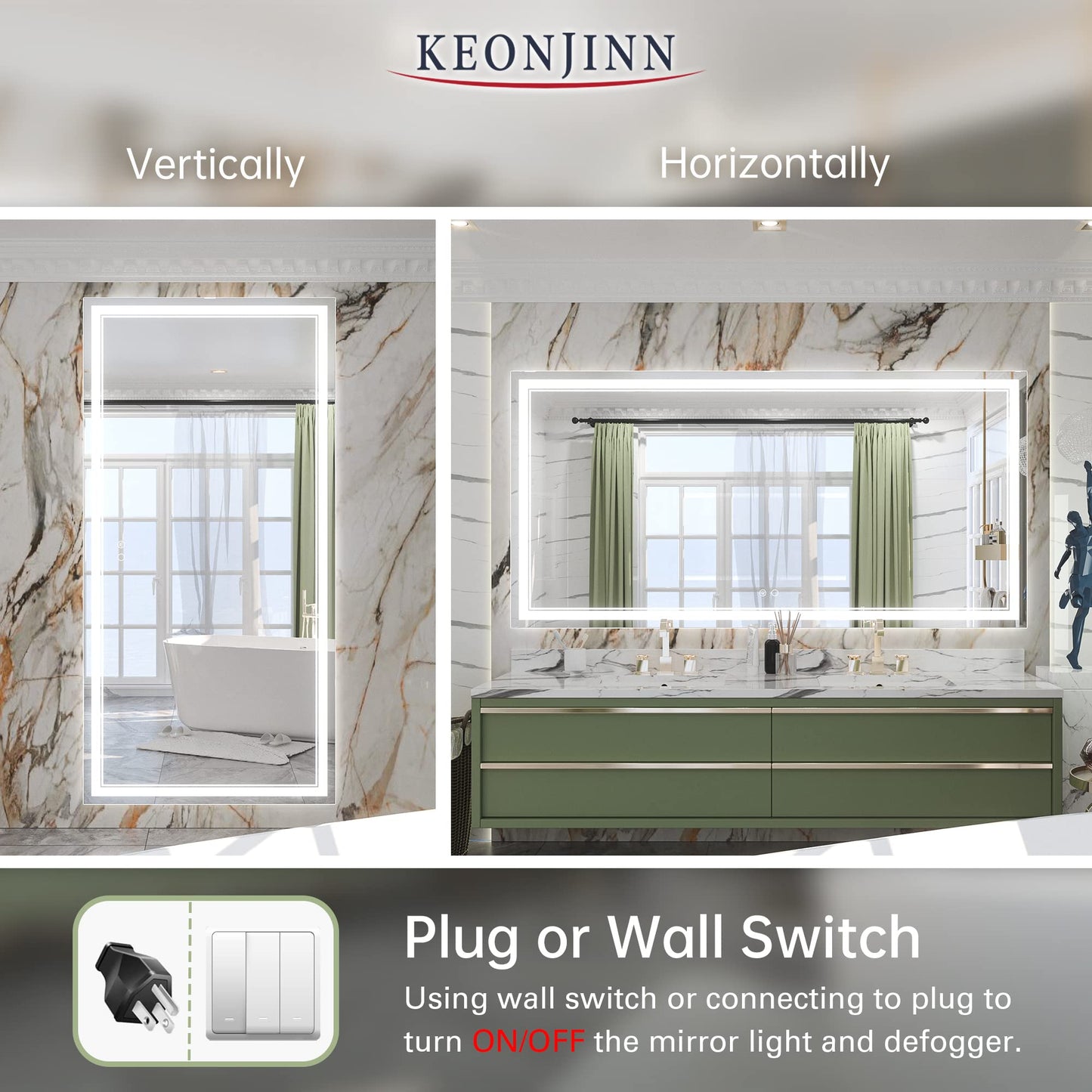Keonjinn LED Bathroom Mirror 55 x 30 Inch Large Bathroom Mirror with Front Lights Lighted Vanity Mirror Wall Mounted Makeup Mirror Anti-Fog Dimmable Tempered Glass (Horizontal/Vertical)
