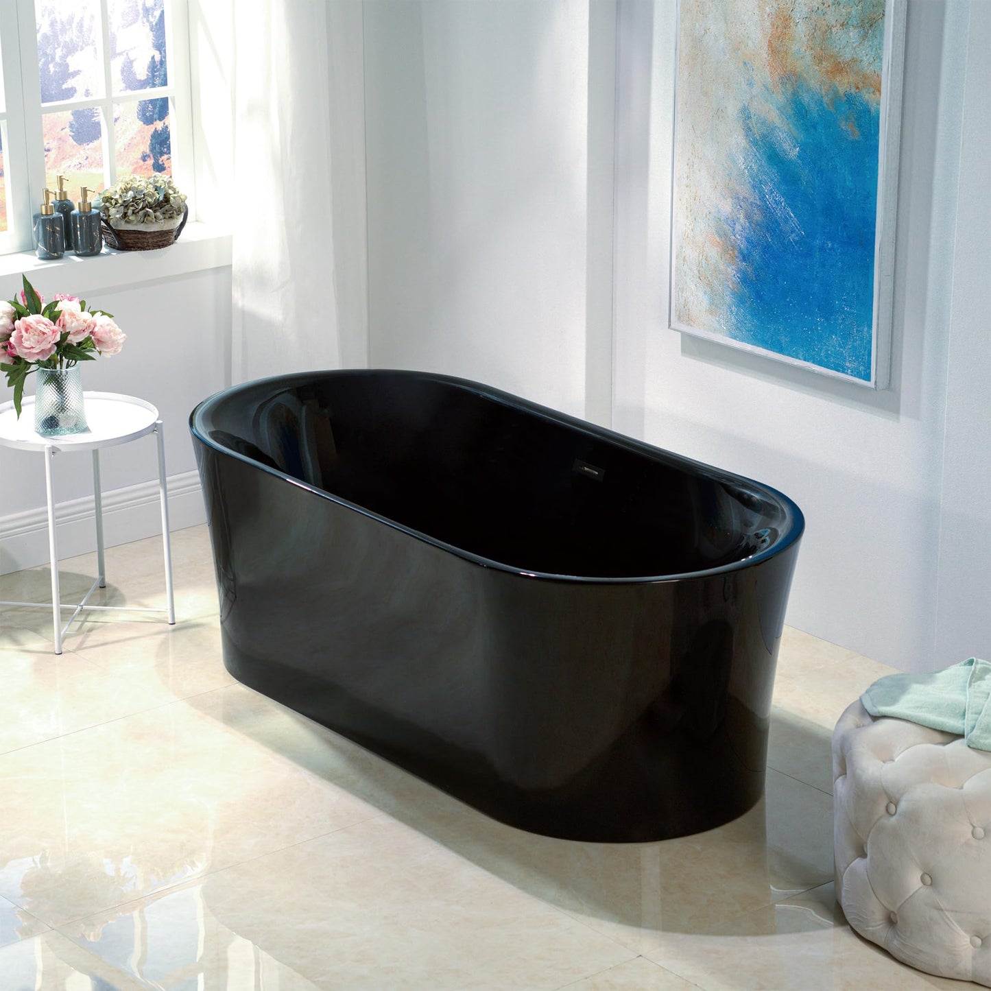 WOODBRIDGE 59" Acrylic Freestanding Bathtub Contemporary Soaking White Tub with Brushed Nickel Overflow and Drain,B0014 -B/N-Drain &O