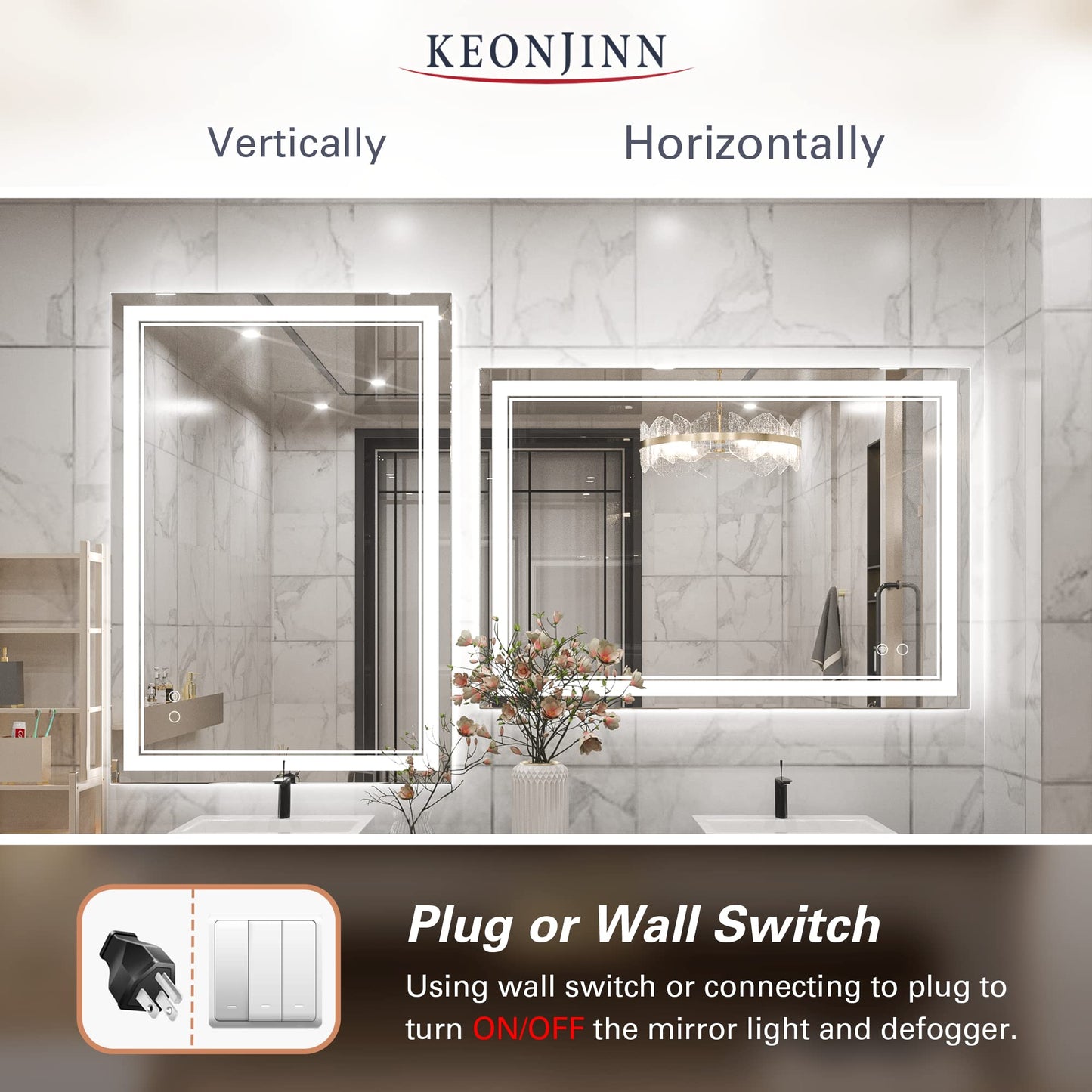 Keonjinn LED Bathroom Mirror 55 x 30 Inch Large Bathroom Mirror with Front Lights Lighted Vanity Mirror Wall Mounted Makeup Mirror Anti-Fog Dimmable Tempered Glass (Horizontal/Vertical)