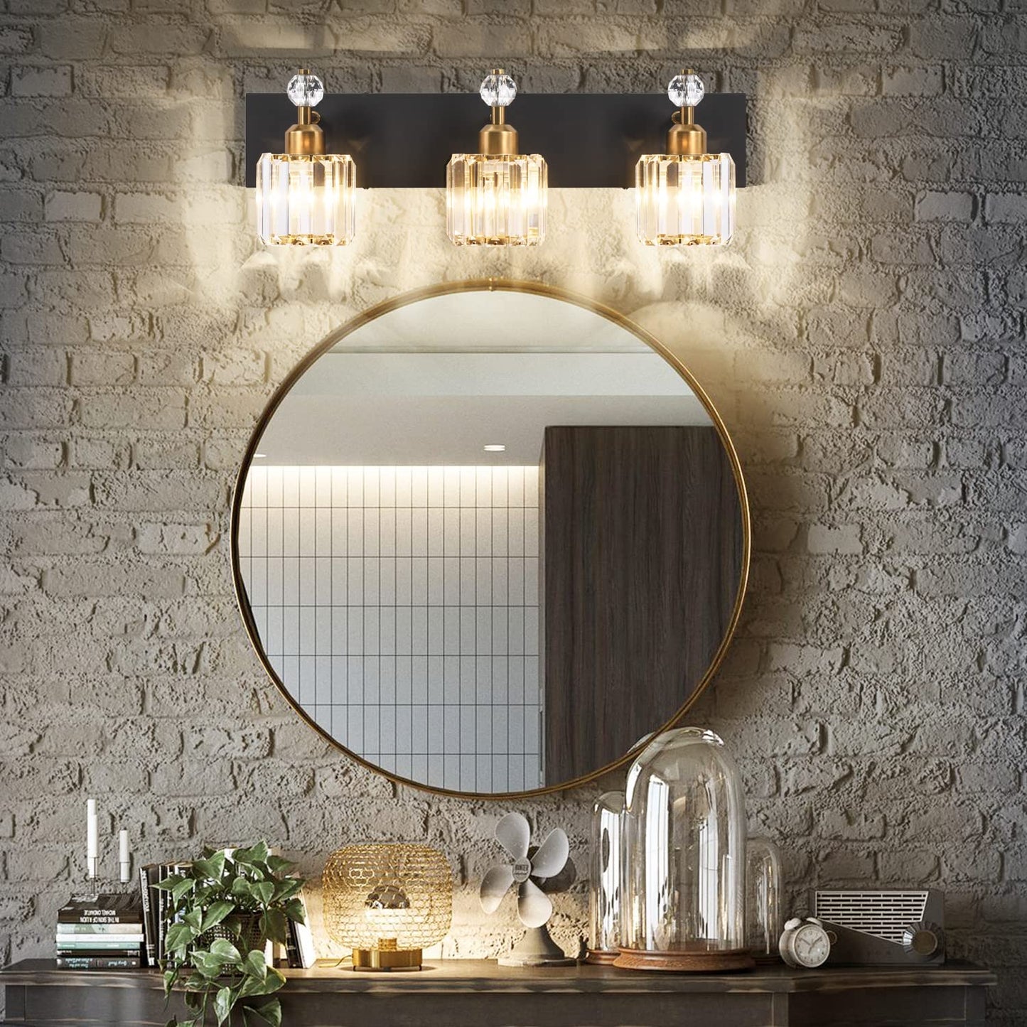 PRESDE Black Gold Crystal Bathroom Vanity Lights Fixtures Over Mirror Modern 3 Light Bath Wall Lighting