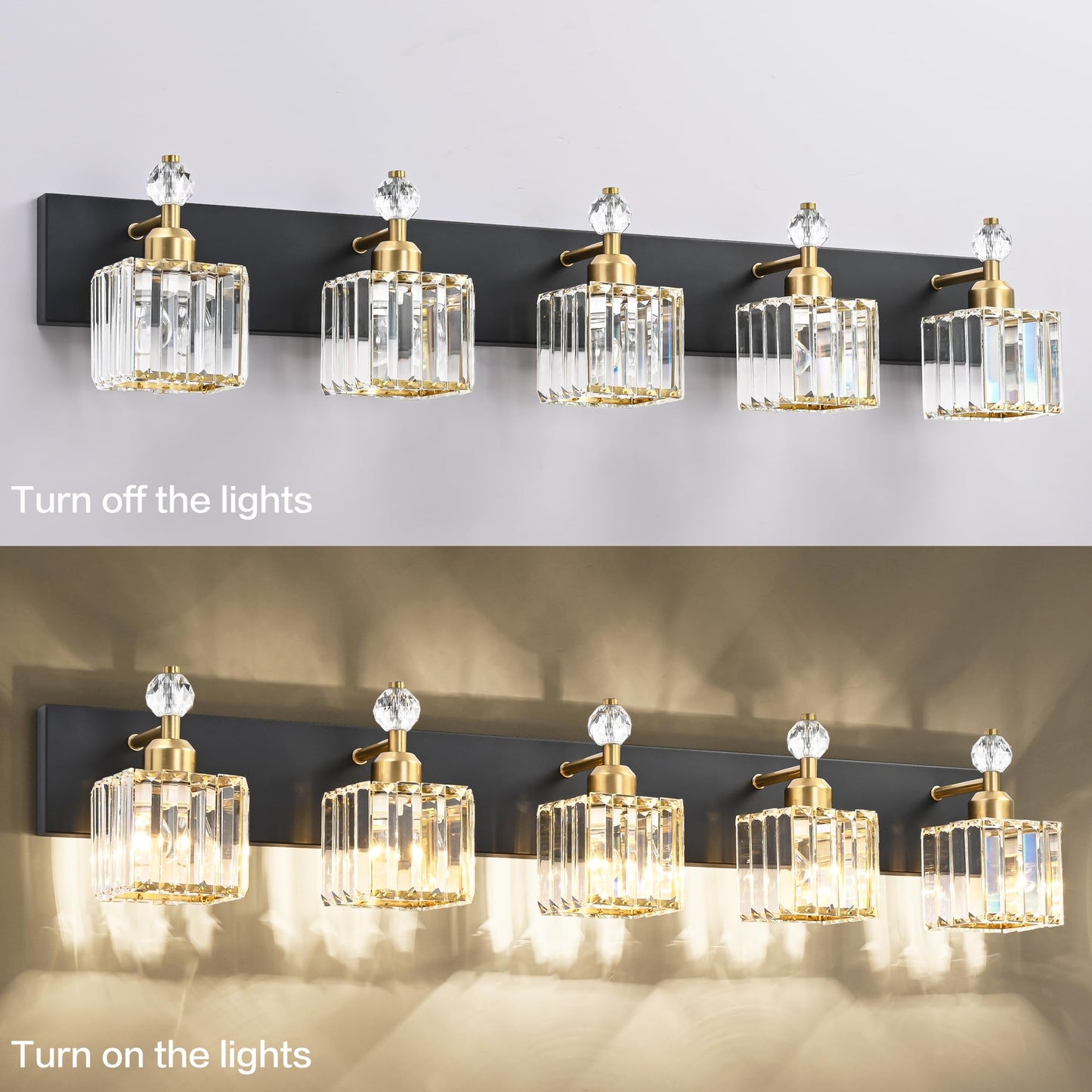 PRESDE Black Gold Crystal Bathroom Vanity Lights Fixtures Over Mirror Modern 3 Light Bath Wall Lighting