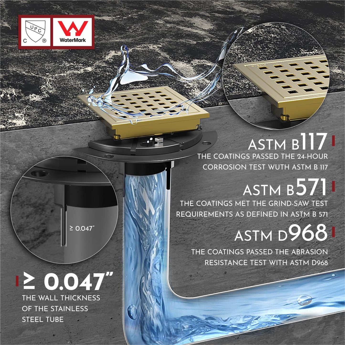 6 Inch Square Shower Floor Drain with Flange,Quadrato Pattern Grate Removable,Food-grade SUS 304 Stainless Steel,WATERMARK&CUPC Certified, Brushed Gold